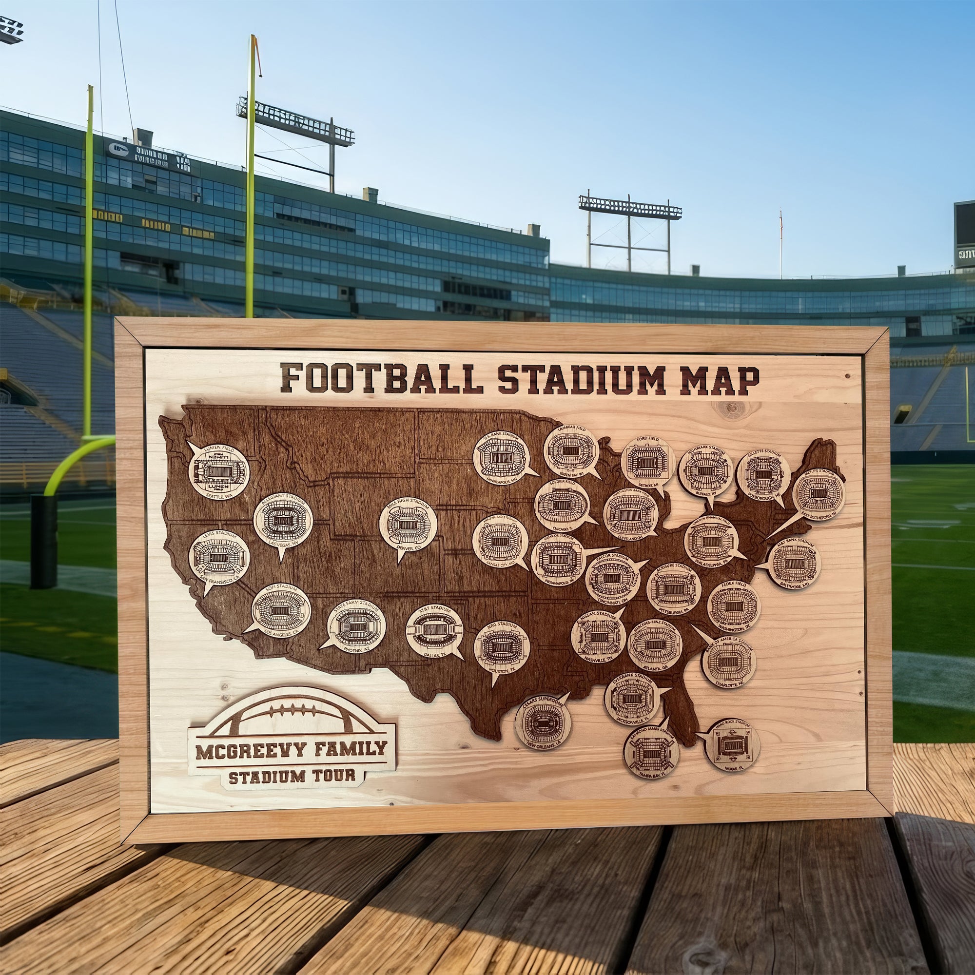Football Stadium Map, Wooden Wall Map, American Football League Gift Ideas For Football Fans