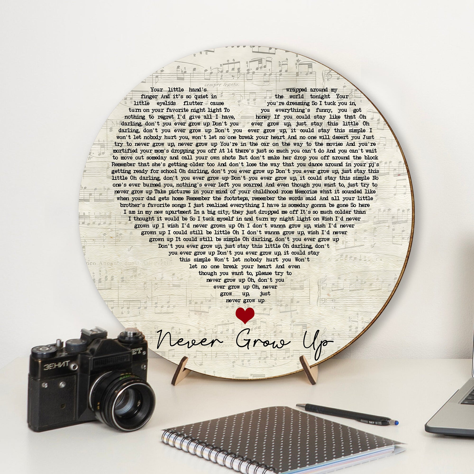 American Singer Never Grow Up Script Heart Song Lyric Art Print Round Wood Sign, Wood Signs For Home