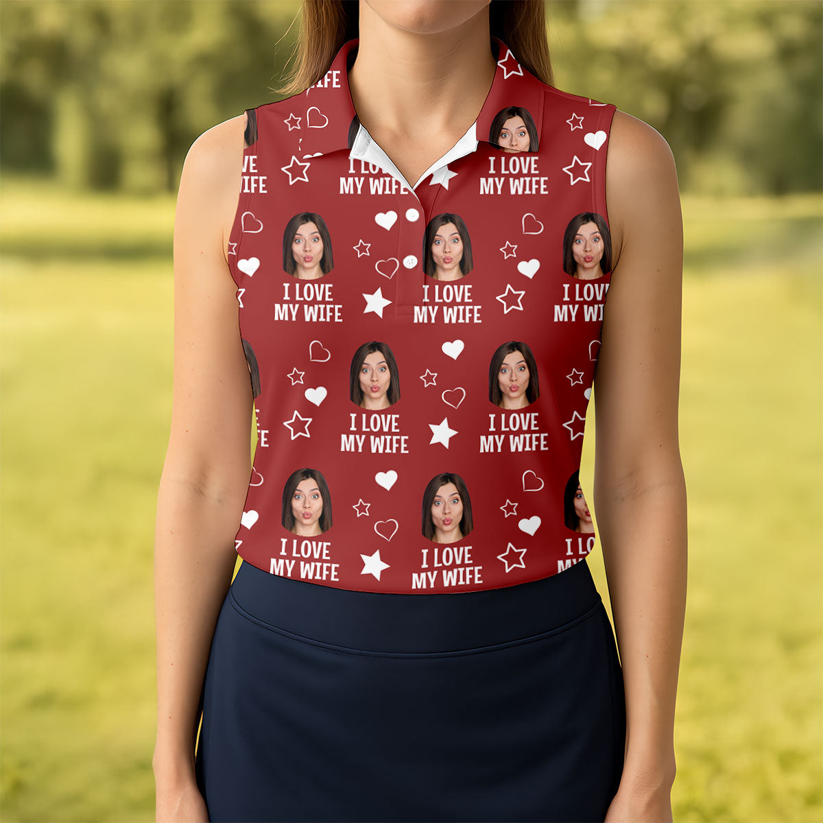 I Love My Husband Custom Face Red Golf Shirt, Fun Women's Golf Shirts, Valentines Golf Gift, Ladies Golf Shirts