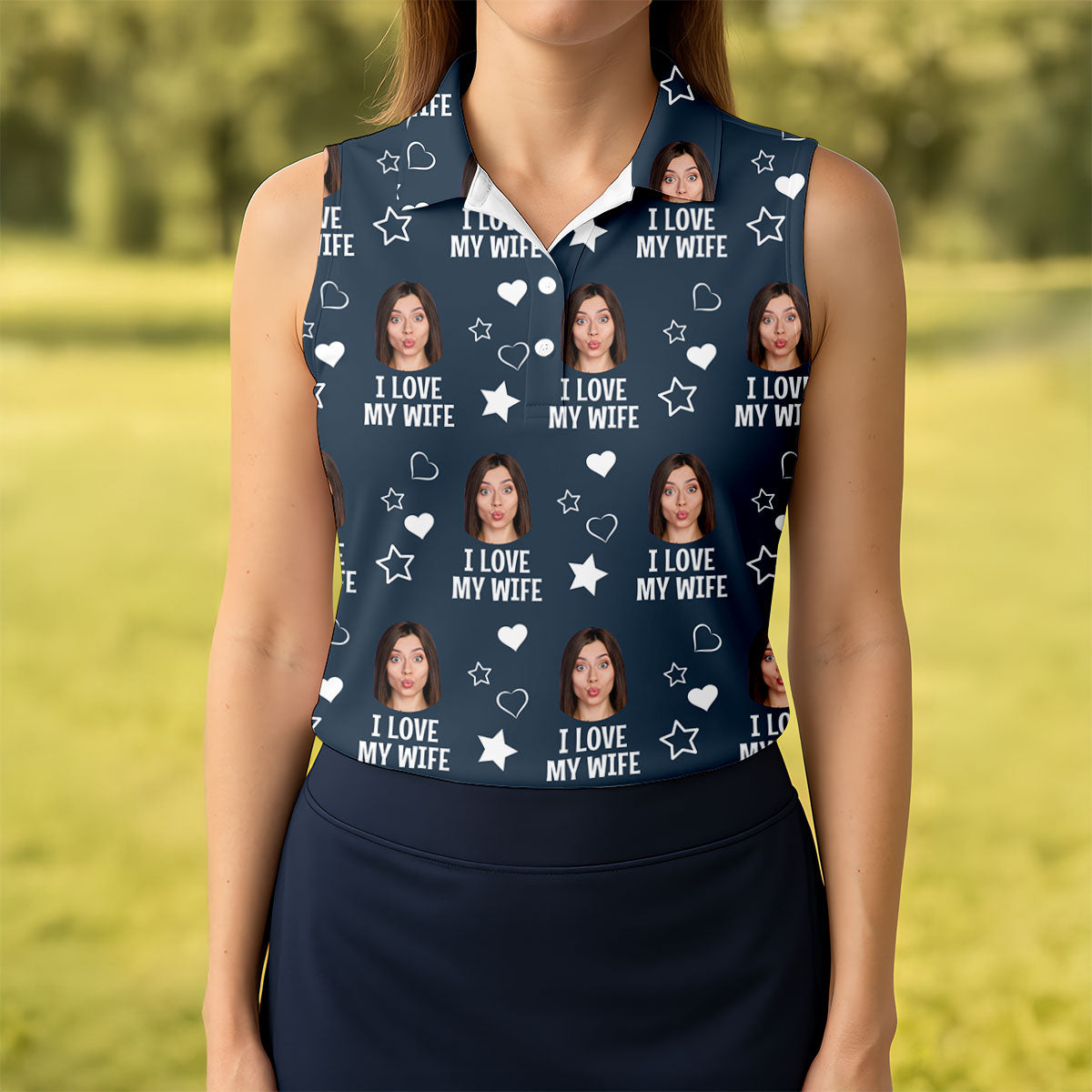 I Love My Husband Custom Face Navy Golf Shirt, Fun Women's Golf Shirts, Valentines Golf Gift, Ladies Golf Shirts
