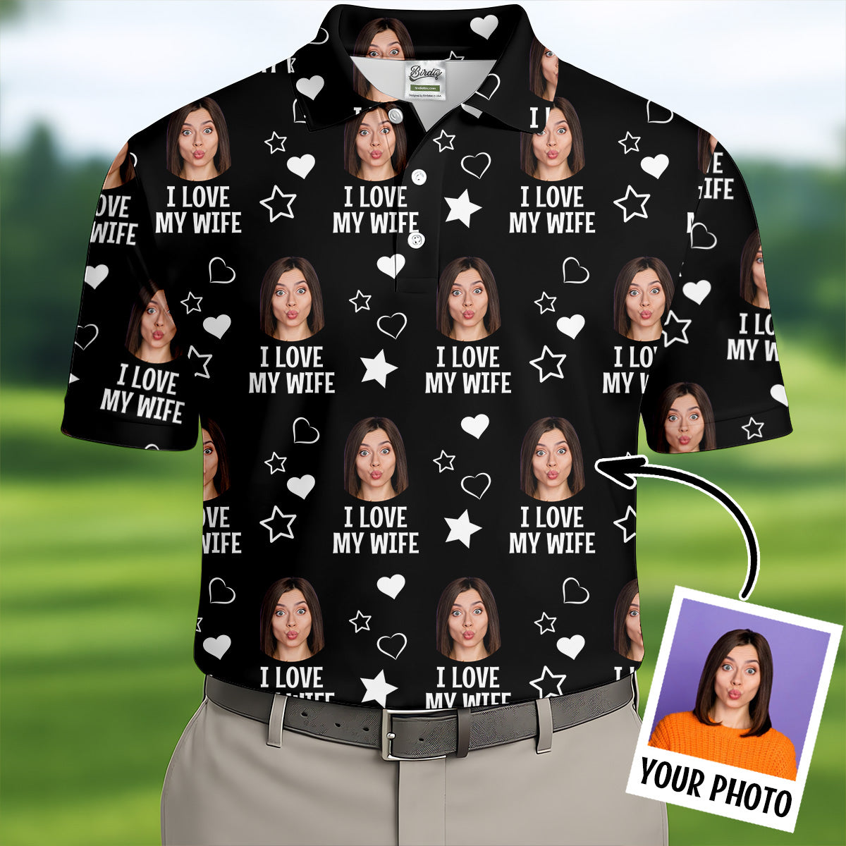 I Love My Wife Custom Face Black Golf Shirt, Fun Golf Shirts For Men, Valentines Golf Gift, Polo Shirts For Men