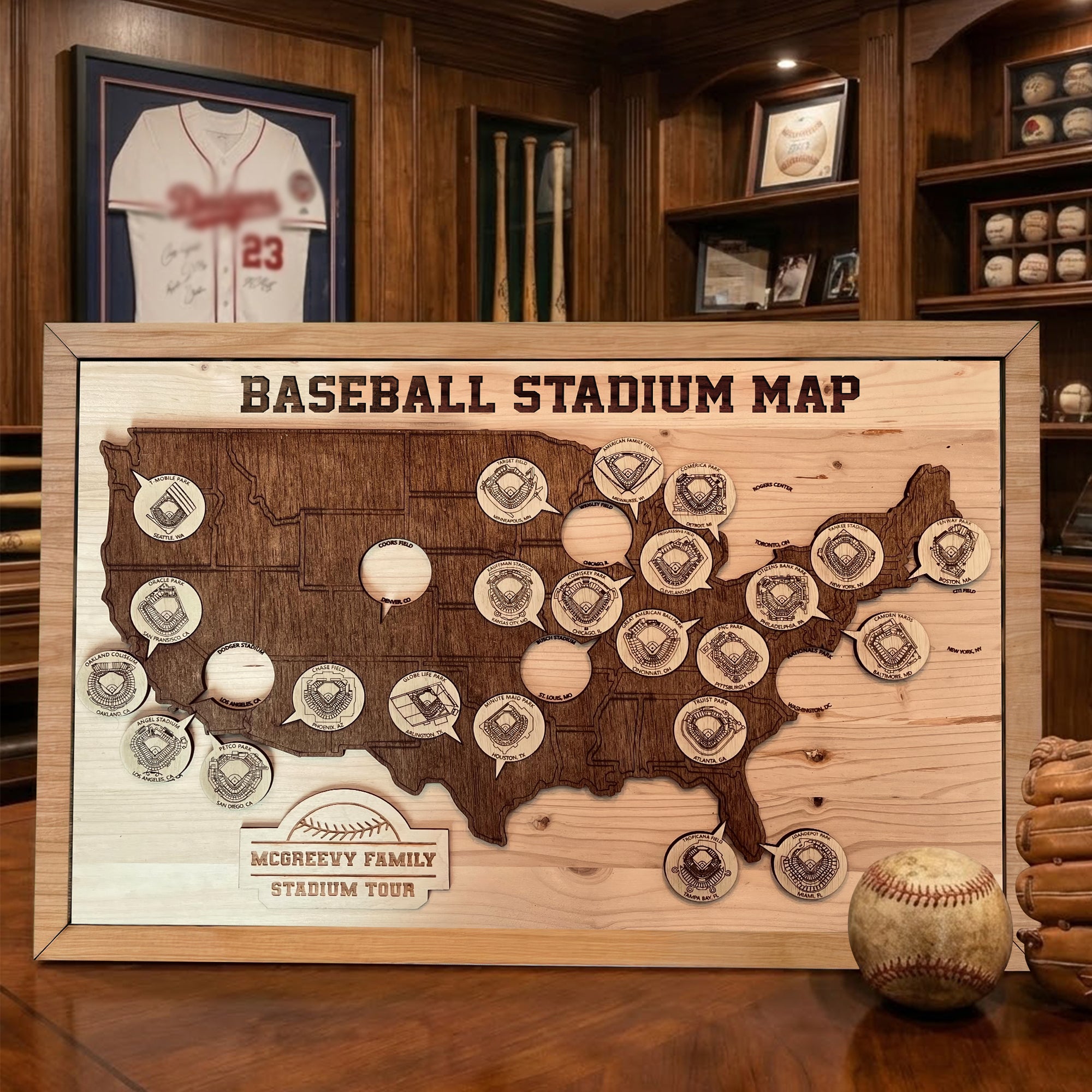 Baseball Stadium Map, Wooden Wall Map, Baseball Tracker, Gift For Baseball Lover