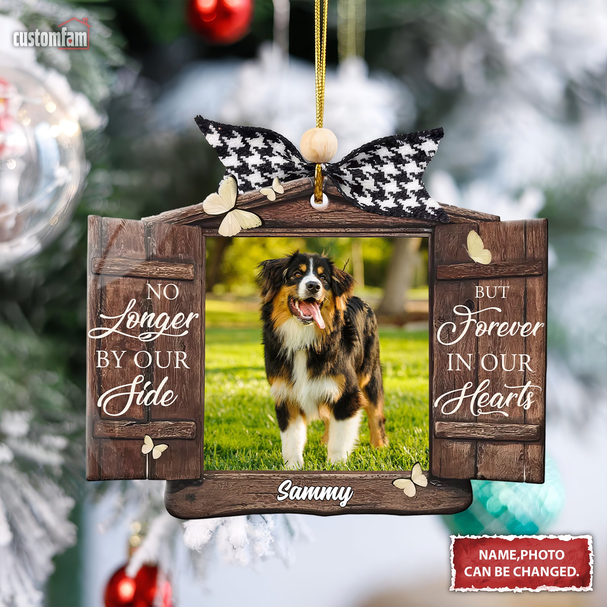 No Longer By Our Side But Forever In Our Hearts Personalized Memorial Photo Ornament, Gift For Pet Owner