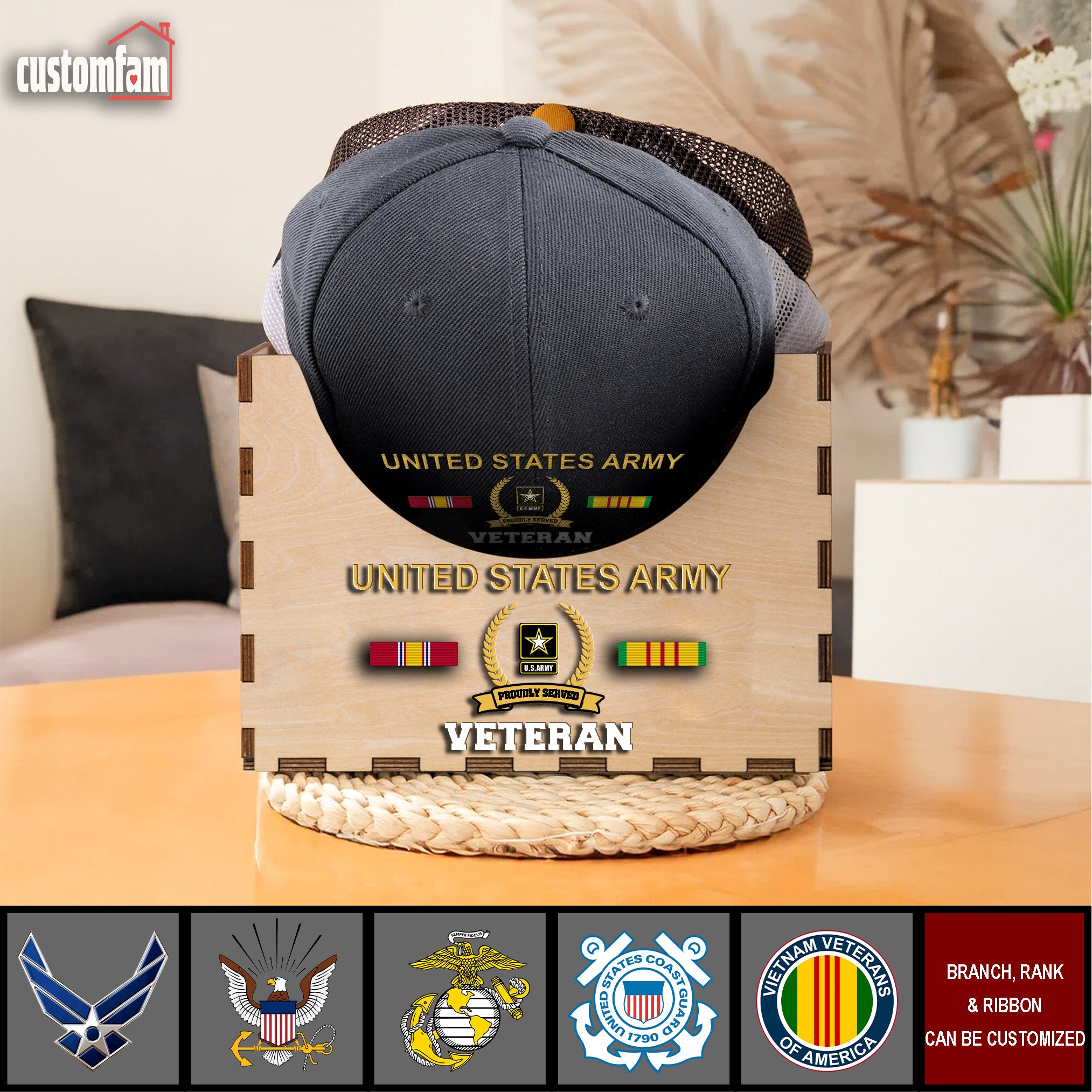 Personalized U.S. Veterans Embroidered Baseball Cap And Premium Wooden Holder Set, Baseball Cap Organizer