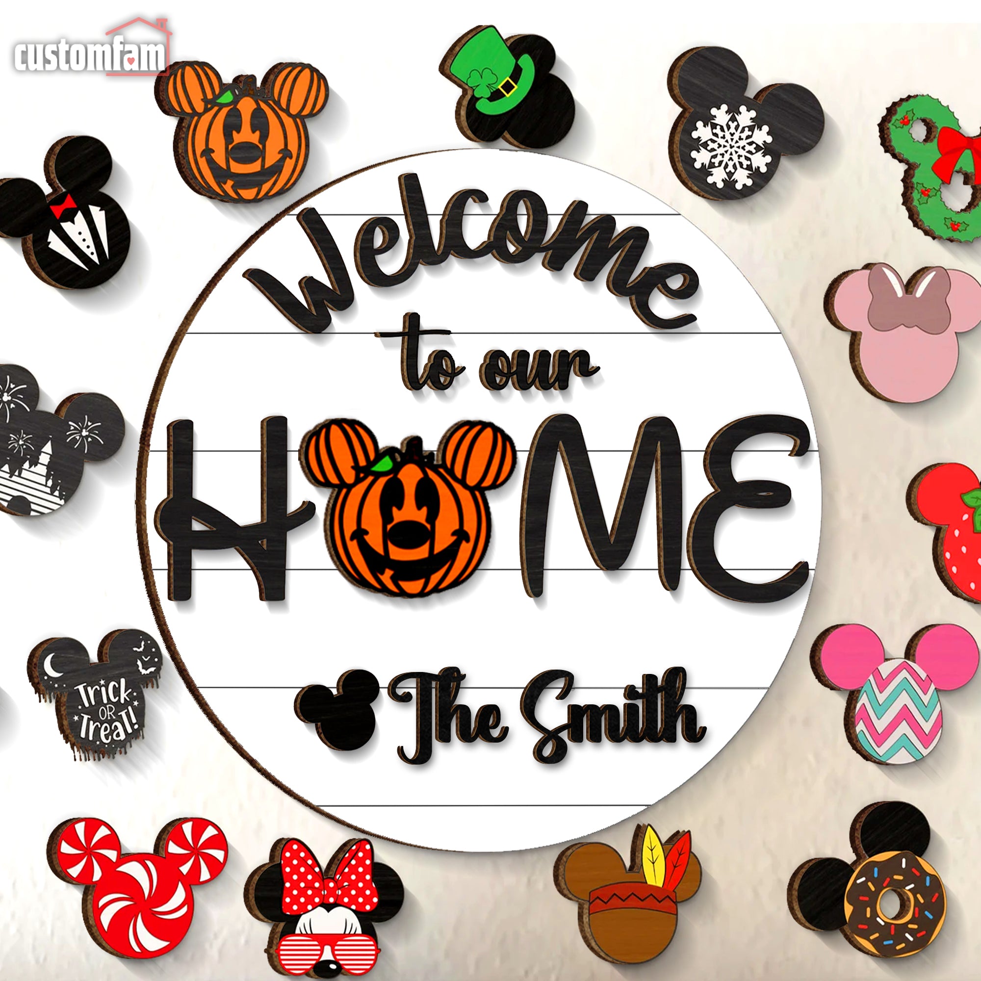 Welcome To Our Home Personalized Interchangeable Round Wooden Sign, Mickey Welcome Sign