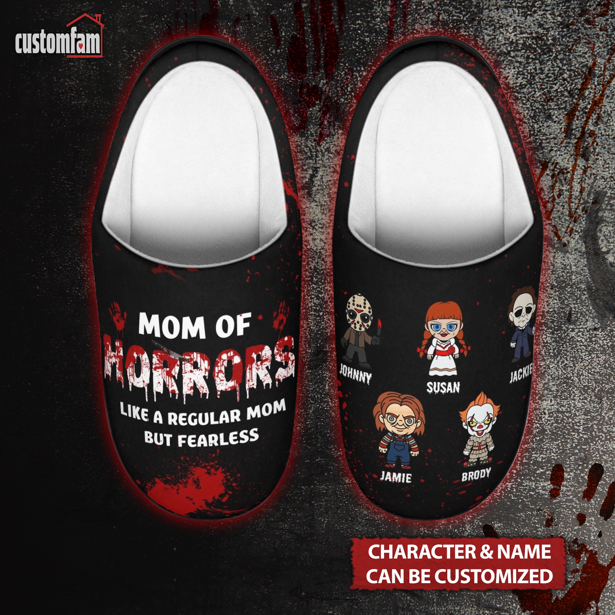 Mom Of Horrors Halloween Personalized Fluffy Slippers, Favorite Scary Movie Gift