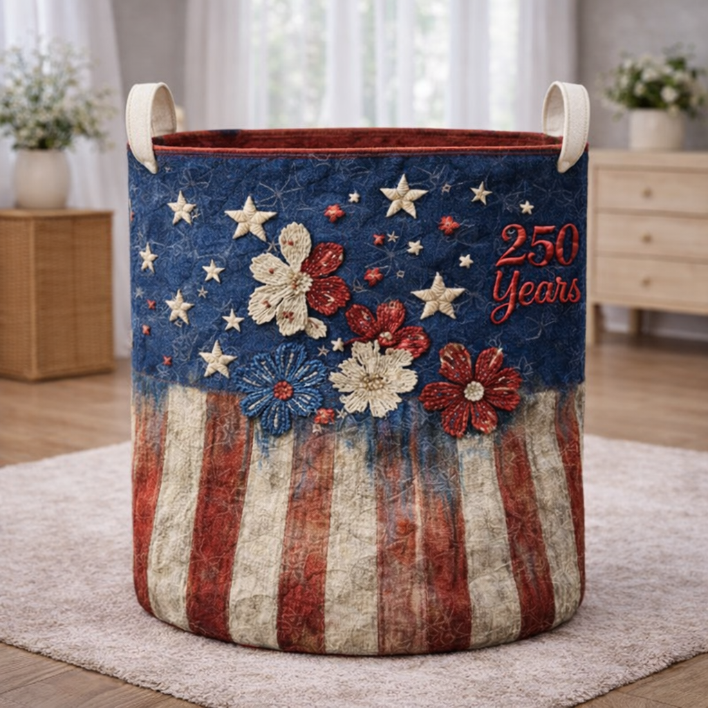 250 Years Red White Blue Flag Flowers Laundry Basket Laundry Gifts, Patriotic Decor, 4th Of July Gift