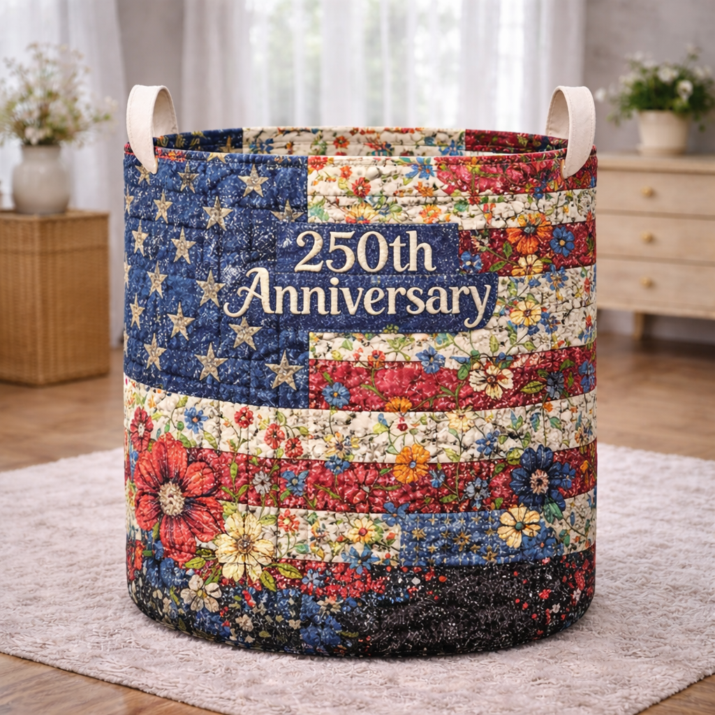 250th Anniversary Floral Pattern American Flags Laundry Basket Laundry Gifts, Patriotic Decor, 4th Of July Gift