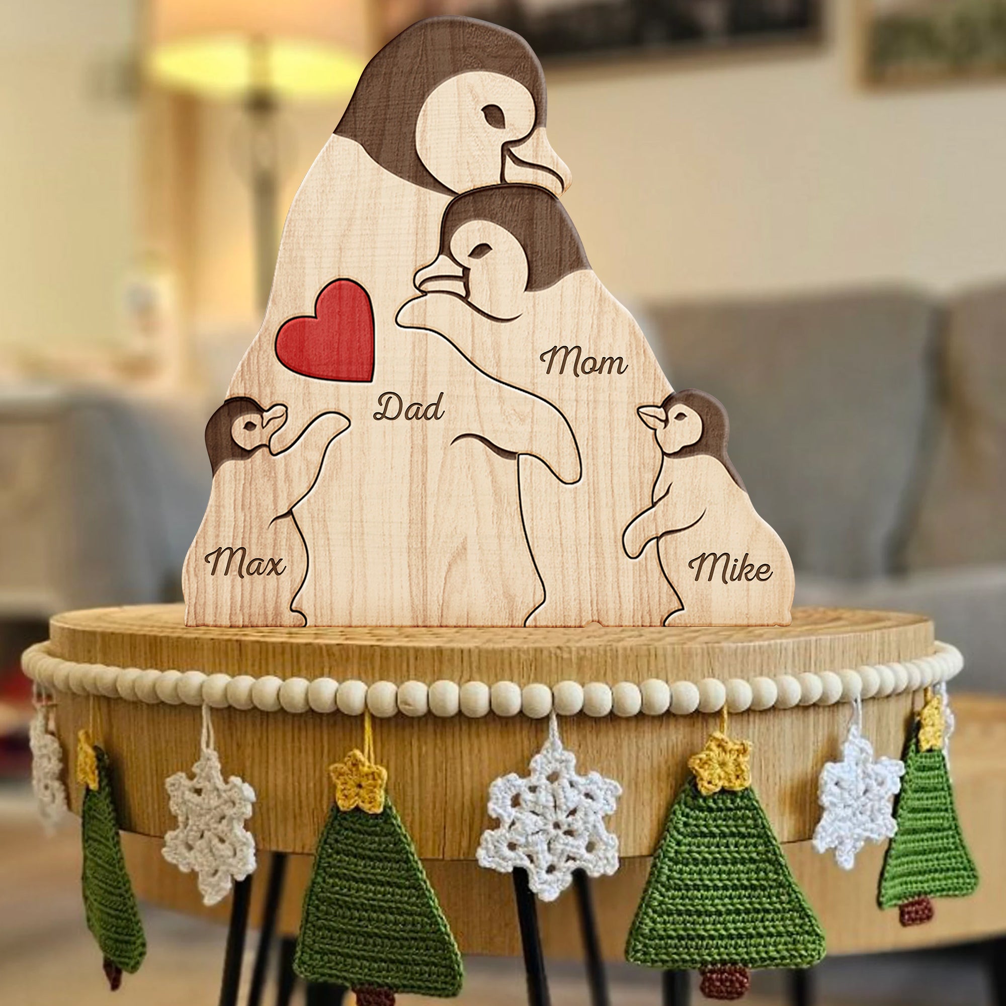 Personalized Shaped Wooden Puzzle, Penguin Family Ornament, Family Gifts