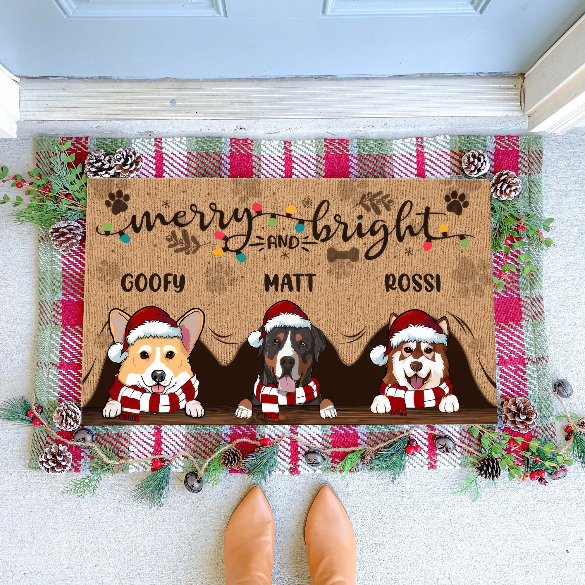 Merry And Bright Personalized Christmas Doormat, Gifts For Dog Lovers