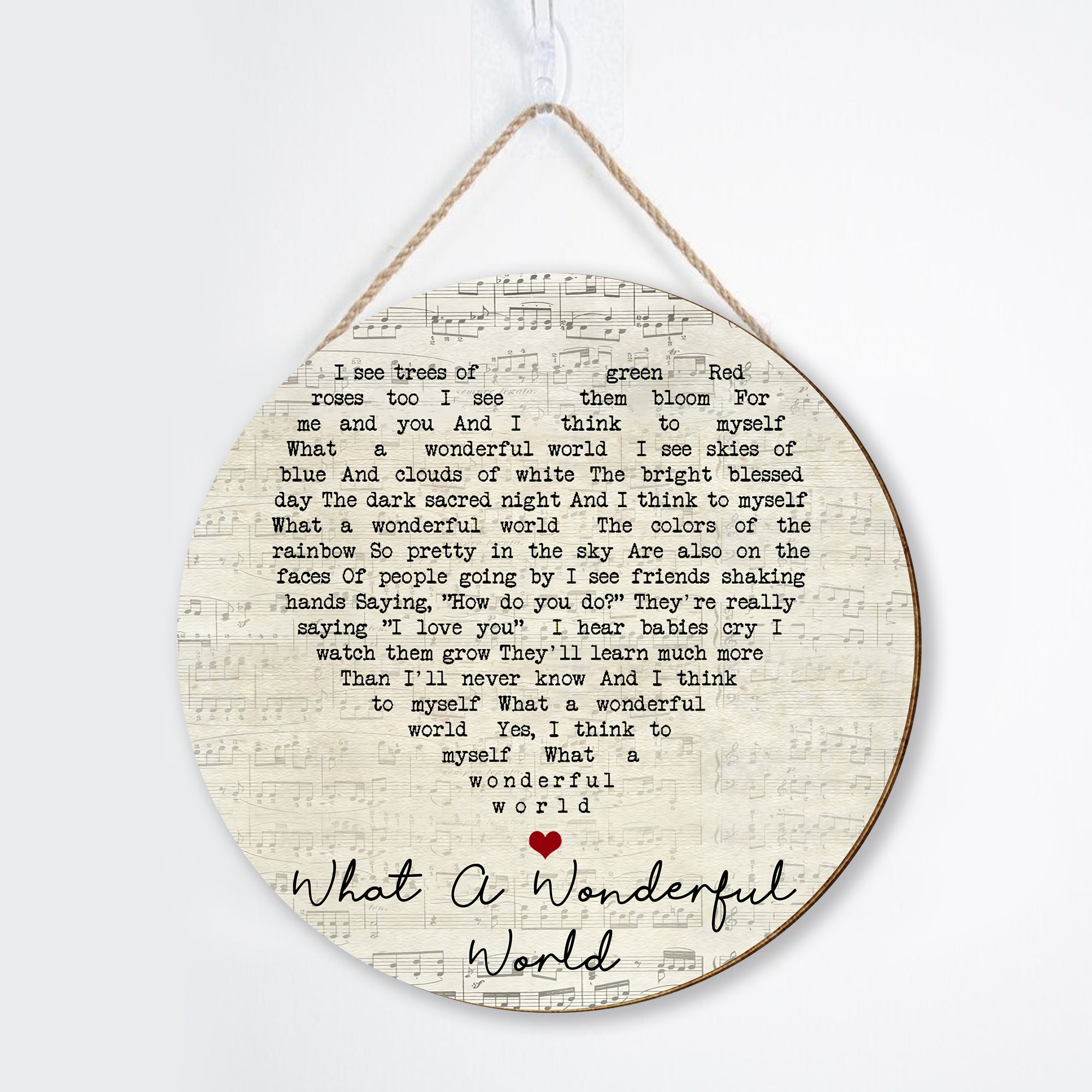 What A Wonderful World Louis Armstrong Script Heart Song Lyric Art Print Round Wood Sign, Wood Sign For Home