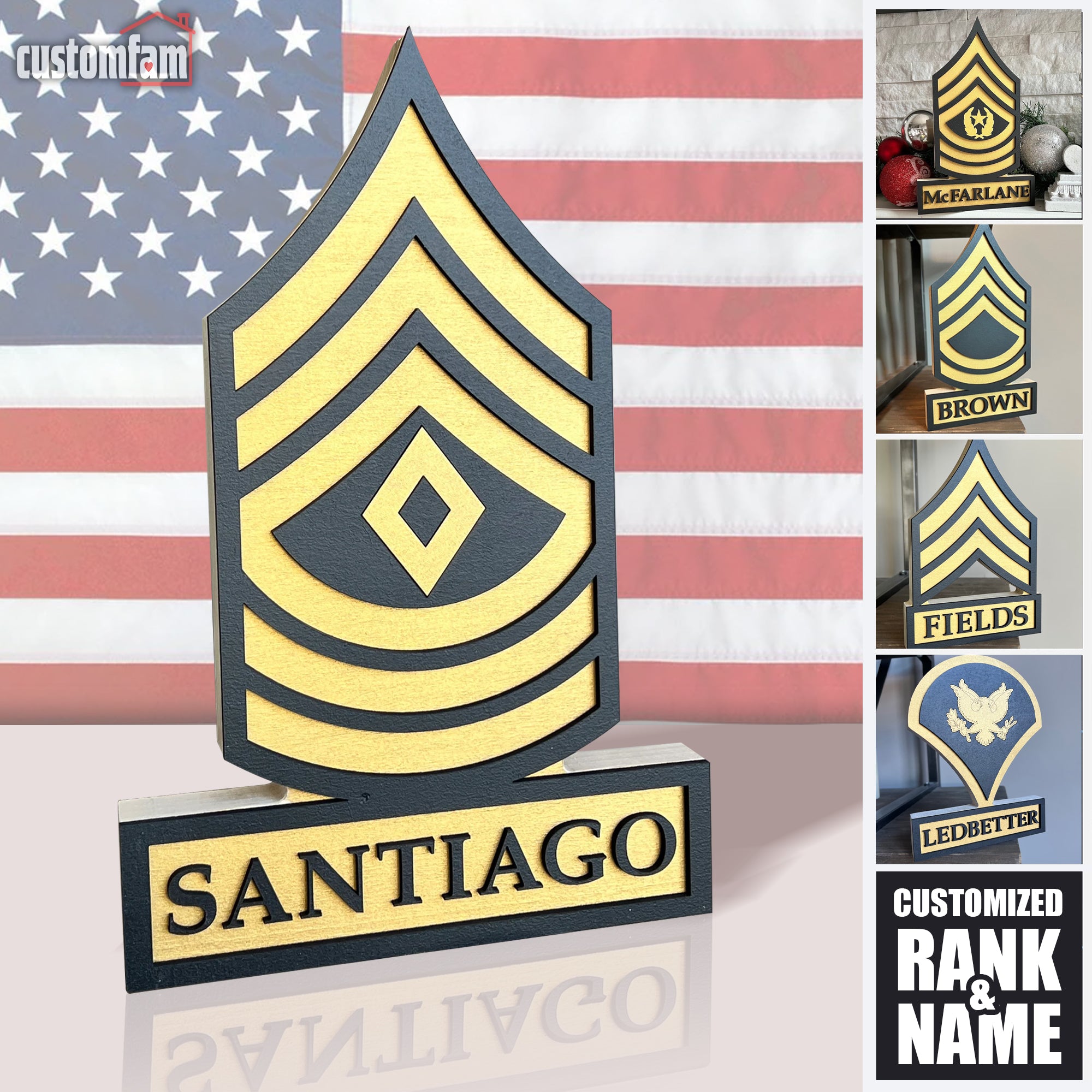 Personalized Name Rank Self Standing Name Plate, Wooden Army Rank, Veteran Day Gifts