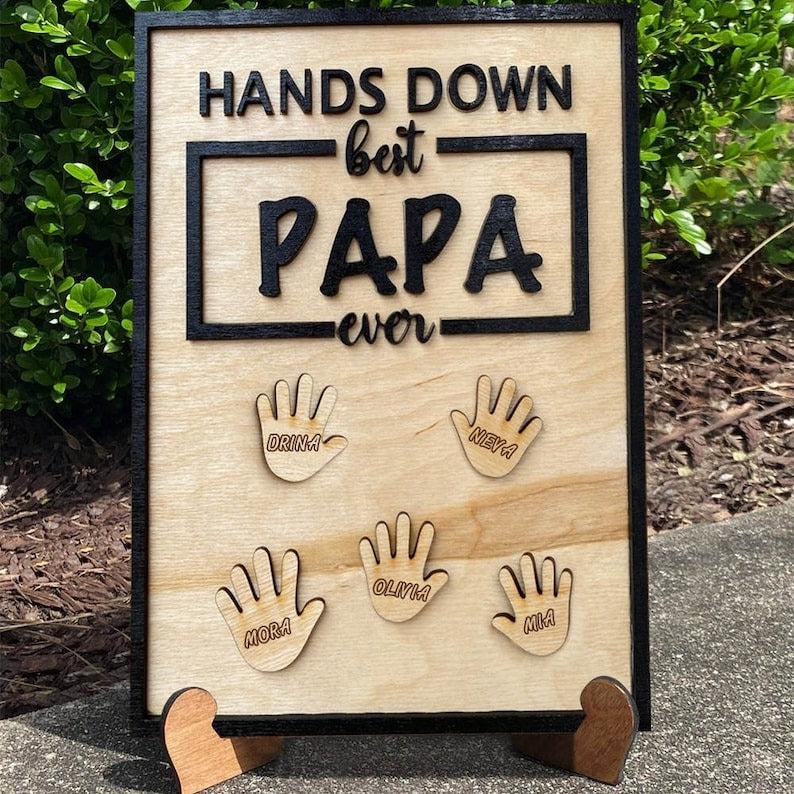 Personalized Best Dad Ever Hands Down Frame Wood Sign With Kids Name For Father's Day Gift Ideas