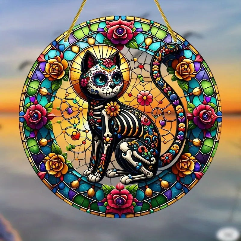 Day Of The Dead Cat Stained Glass Suncatcher, Gift For Cat Lovers