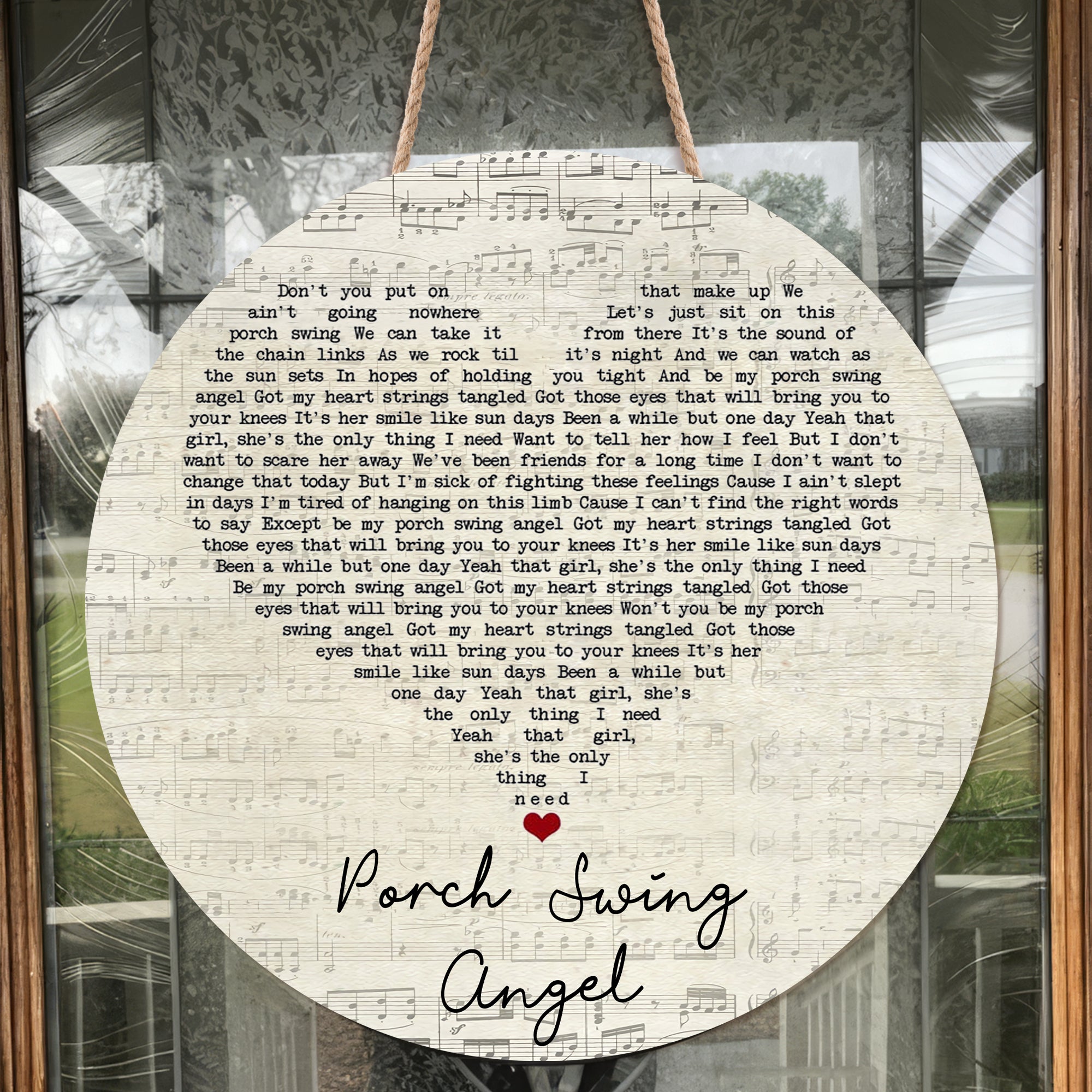 Muscadine Bloodline Porch Swing Angel Script Heart Song Lyric Art Print Round Wood Sign, Wood Signs For Home