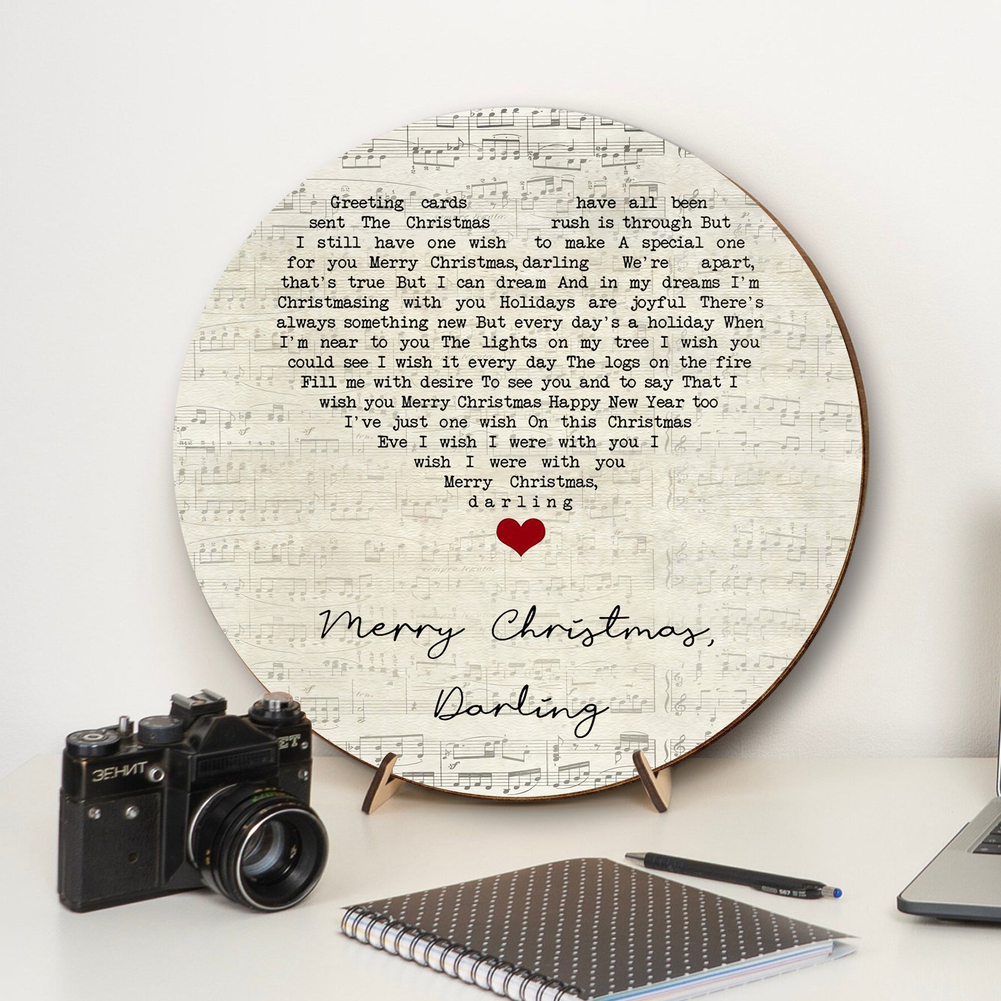 The Carpenters Merry Christmas, Darling Script Heart Song Lyric Art Print Round Wood Sign, Wood Signs For Home