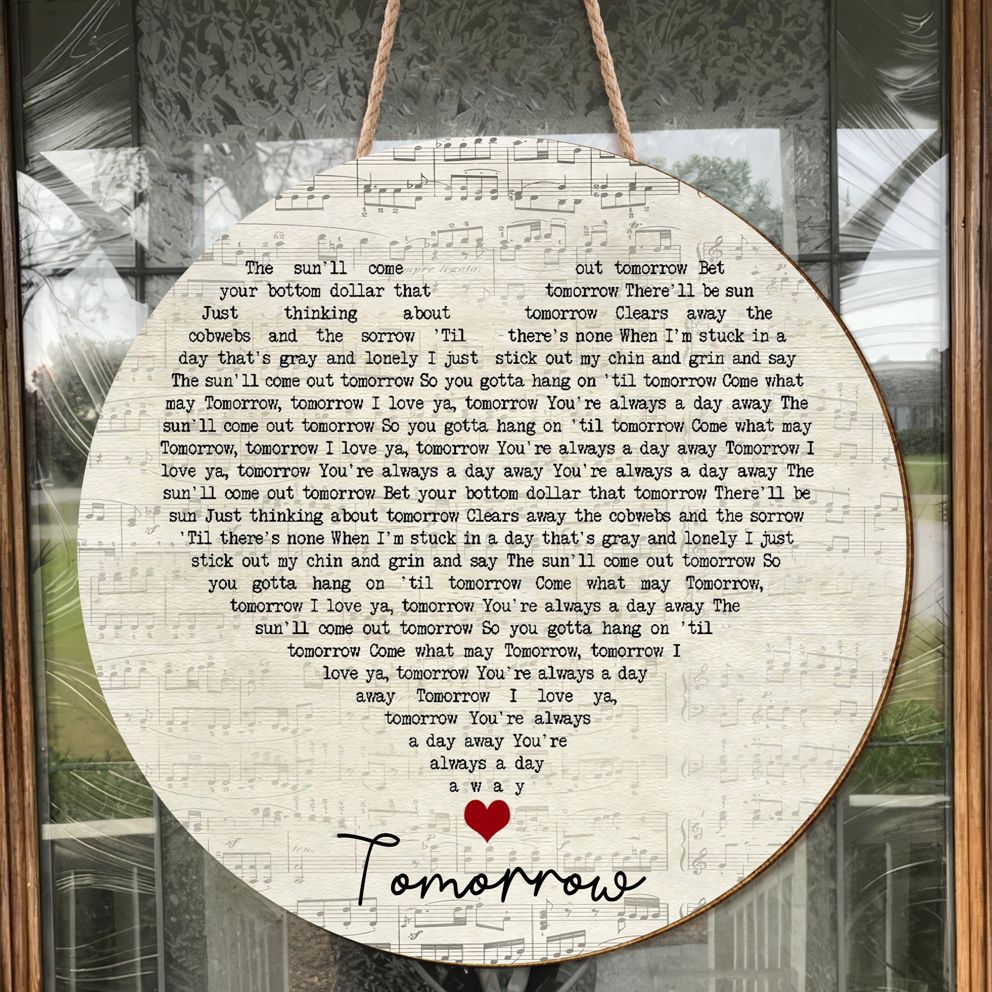 Annie The Musical Tomorrow Script Heart Song Lyric Art Print Round Wood Sign, Wood Signs For Home