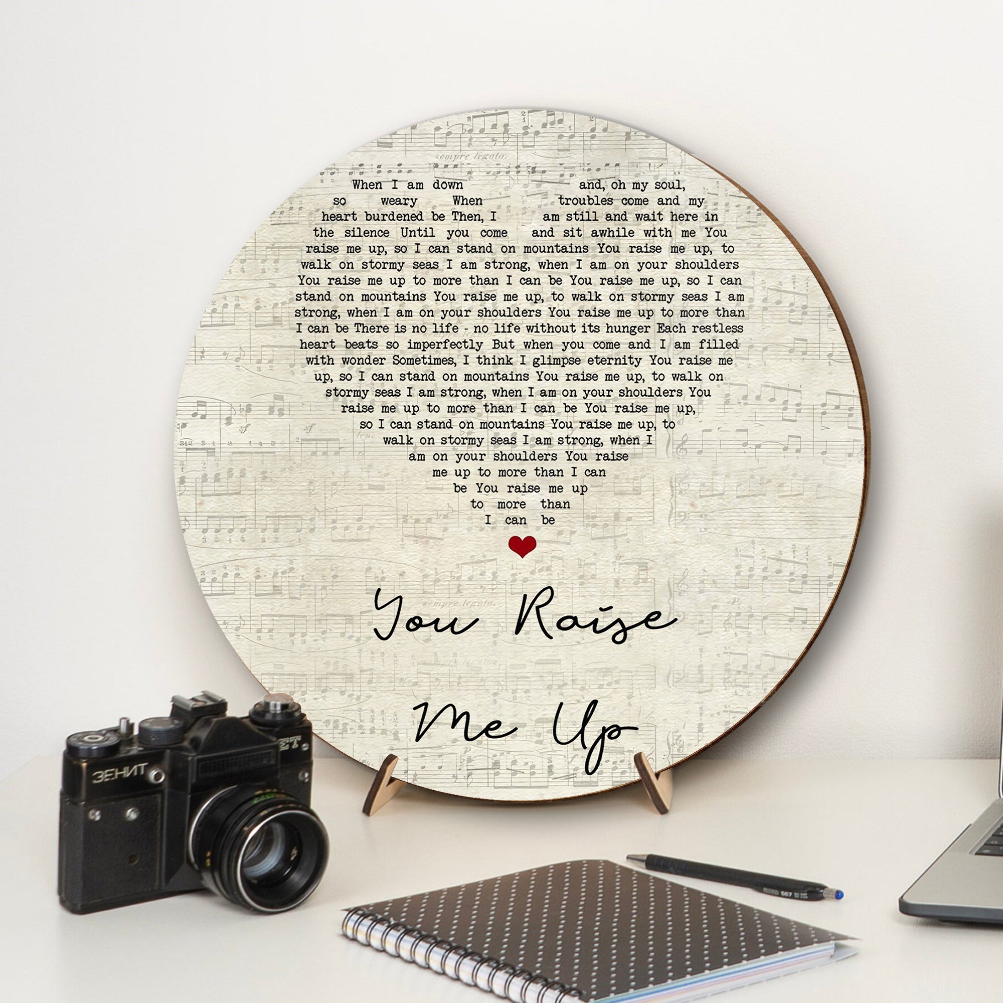 Josh Groban You Raise Me Up Script Heart Song Lyric Art Print Round Wood Sign, Wood Signs For Home