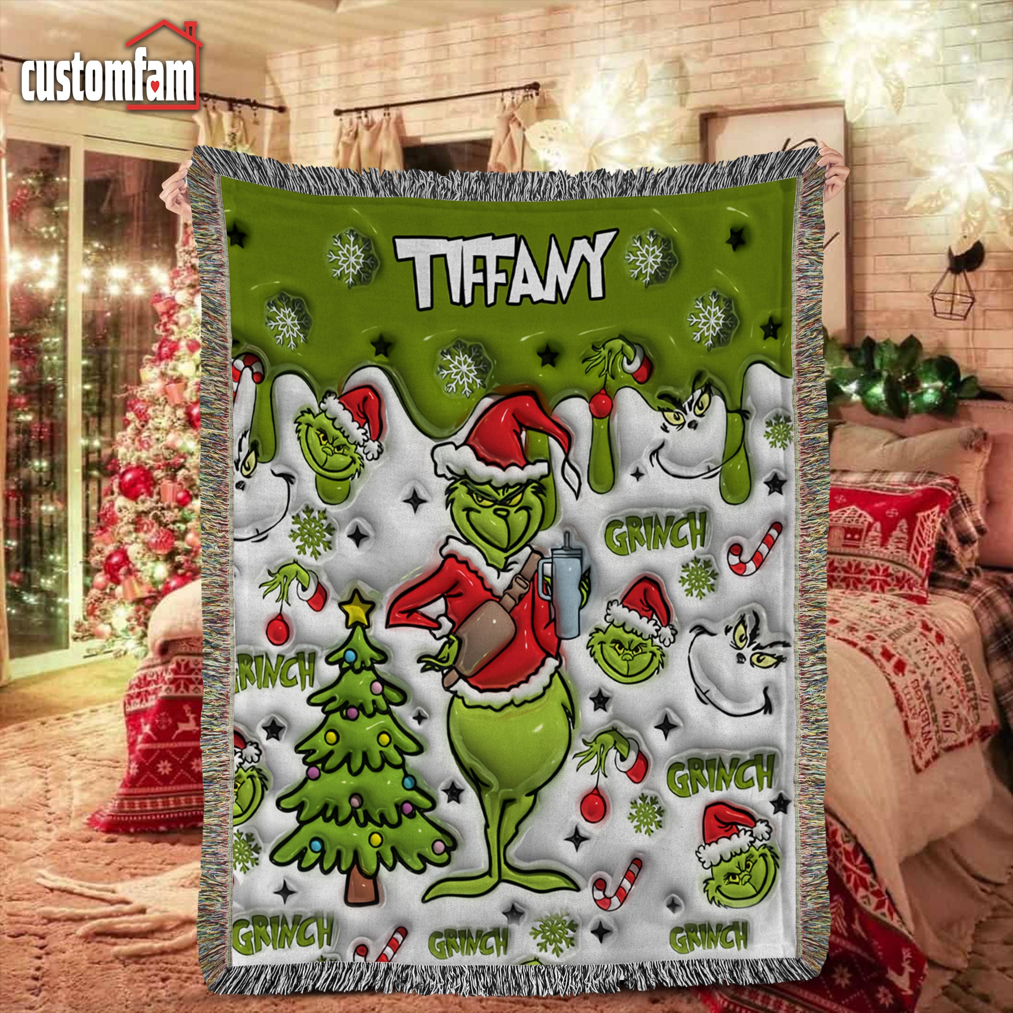 Personalized 3D Grinch Christmas Woven Blanket, Christmas Gifts