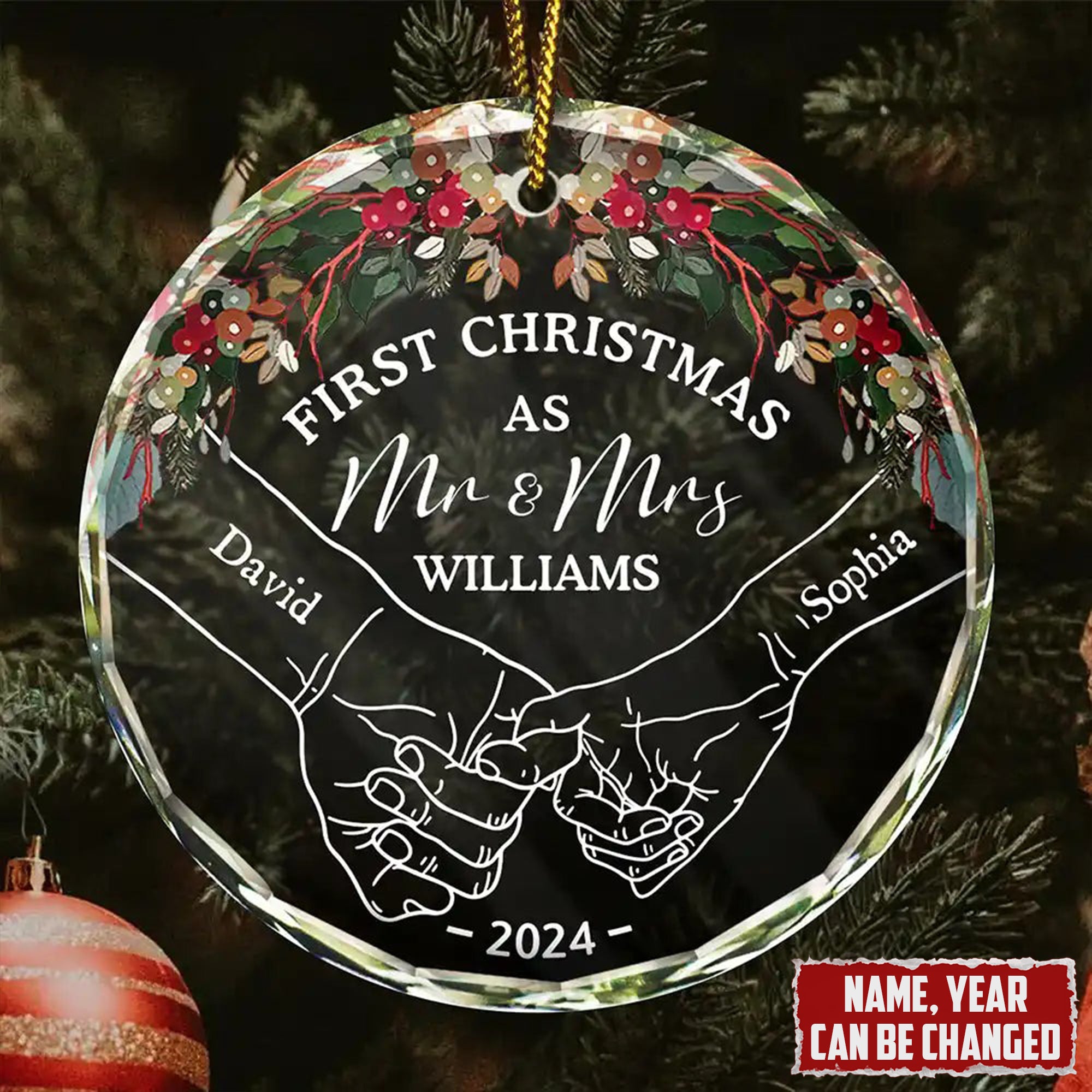 Holding Hands First Christmas Personalized Glass Christmas Ornament, Gift For Couple