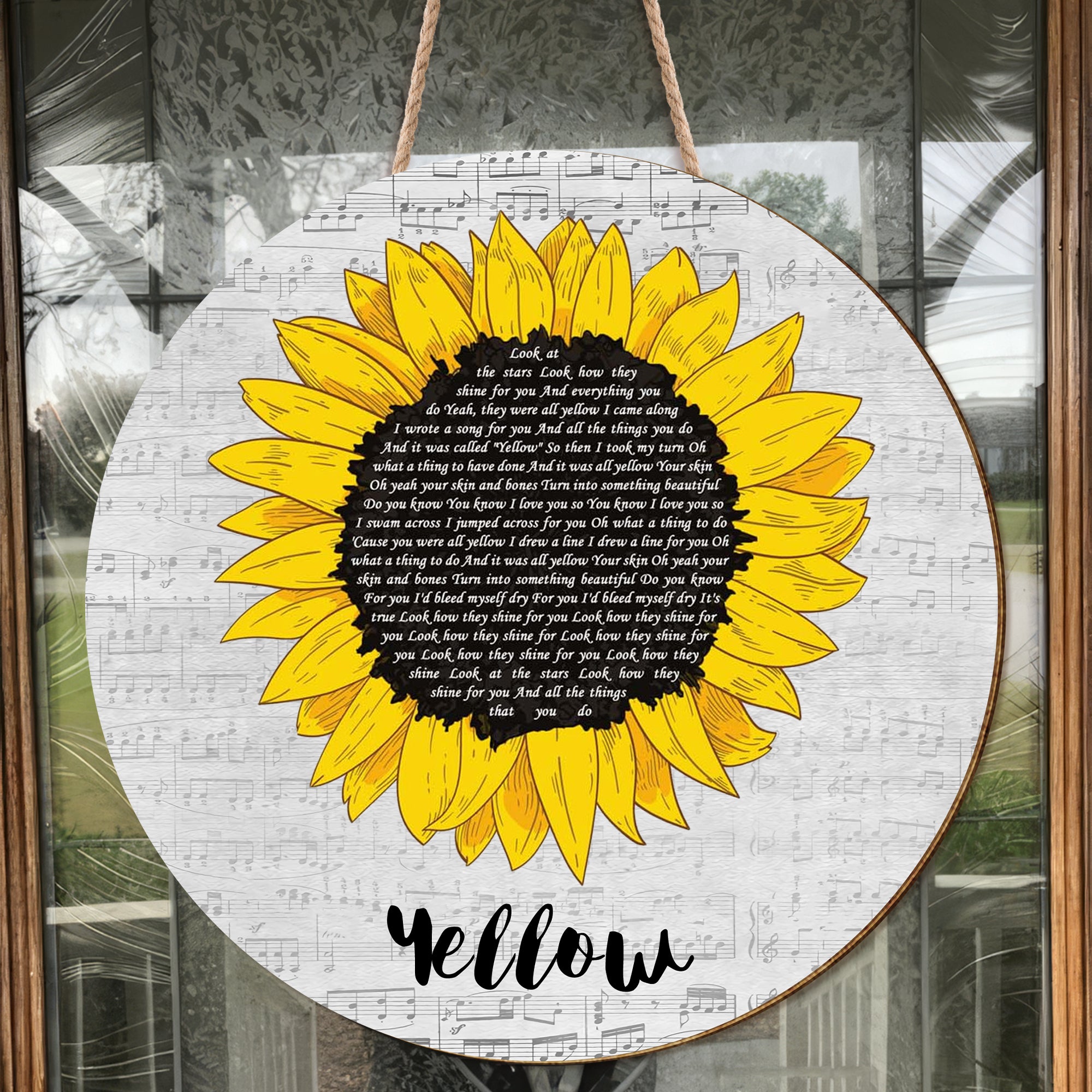 Coldplay Yellow Grey Script Sunflower Song Lyric Print Ruond Wood Sign, Wood Sign For Home