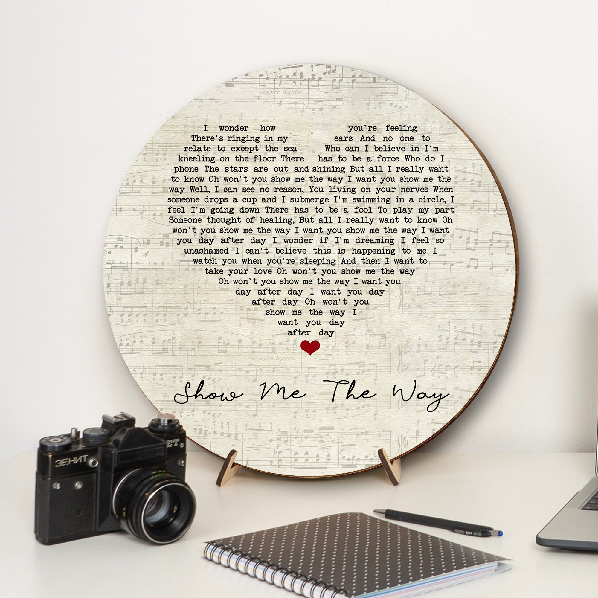 Peter Frampton Show Me The Way Script Heart Song Lyric Music Art Print Round Wood Sign, Wood Sign For Home