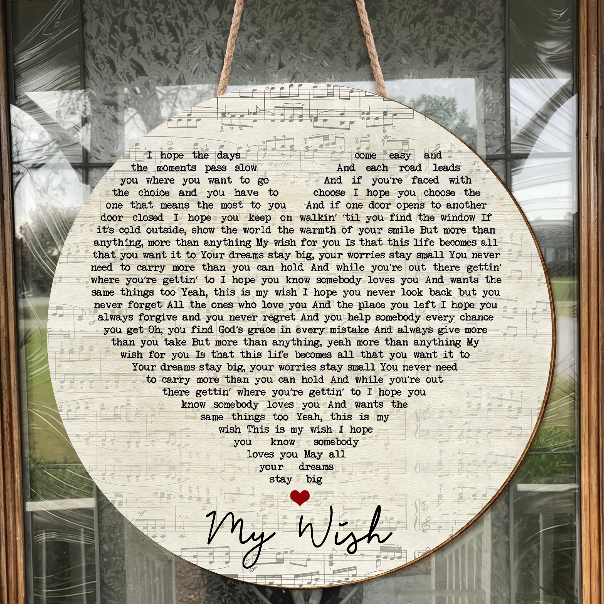 Rascal Flatts My Wish Script Heart Song Lyric Print Round Wood Sign, Wood Signs For Home