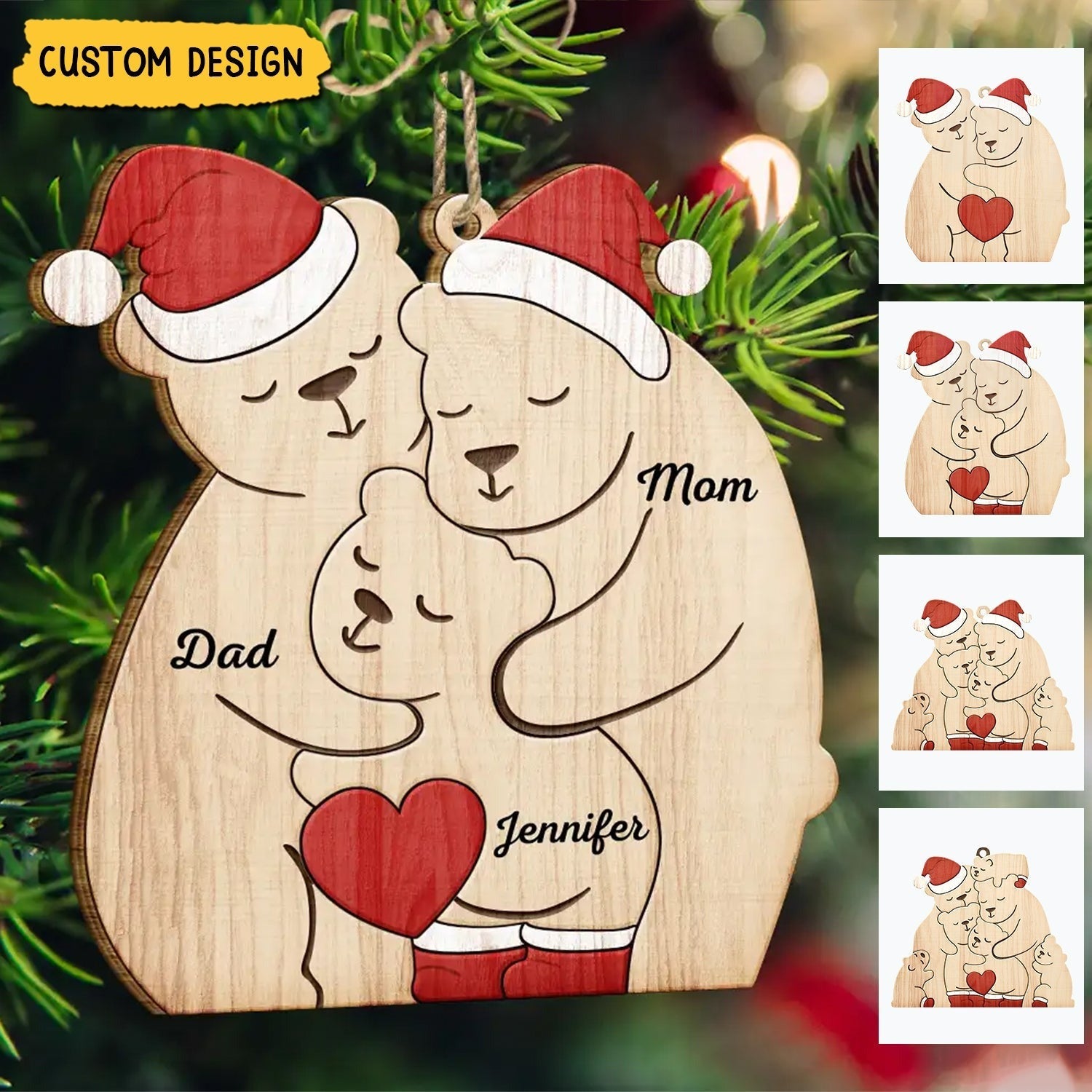 Personalized Bear Family Christmas Ornament, Wooden Bear Family, Gift For Family