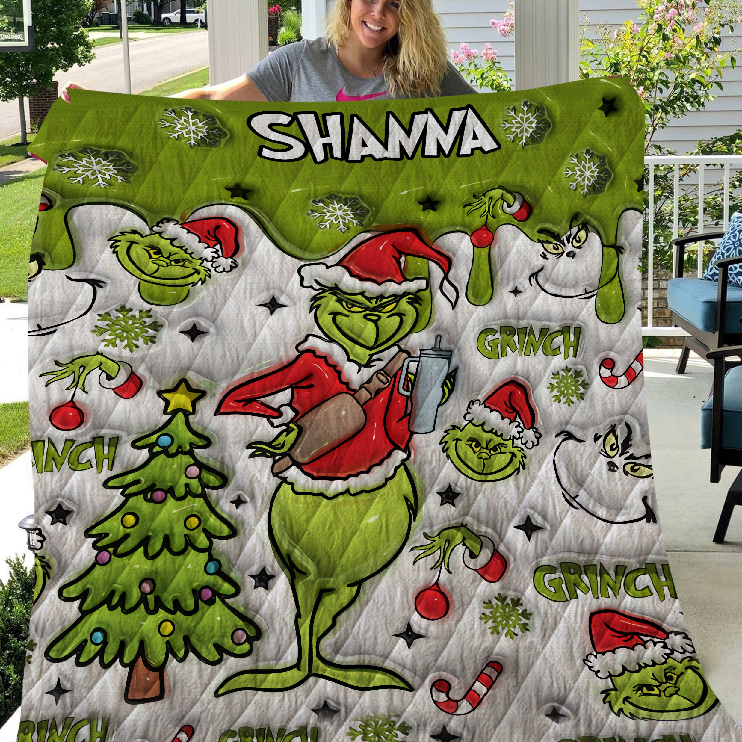 Personalized 3D Grinch Christmas Quilt Blanket, Christmas Gifts