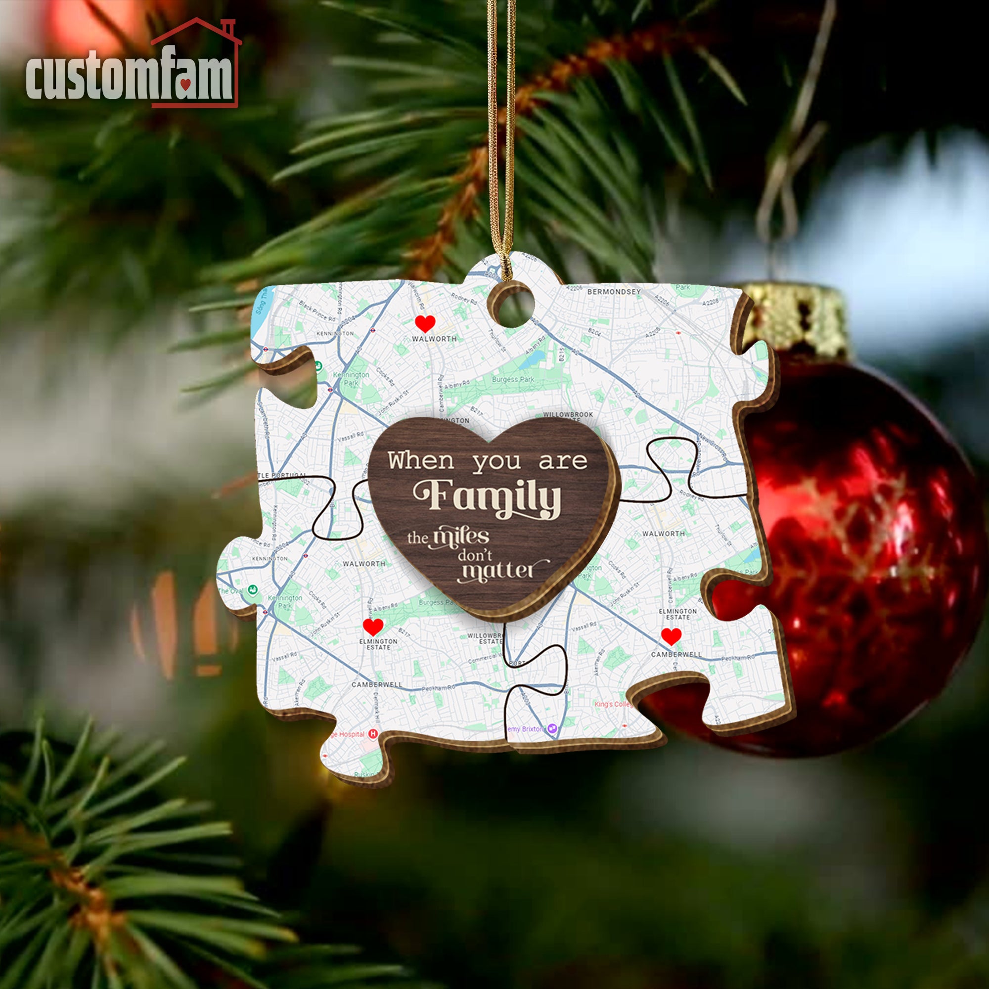 When You Are Family The Miles Don't Matter Custom Map 2 Layered Puzzle Ornament, Gift For Family