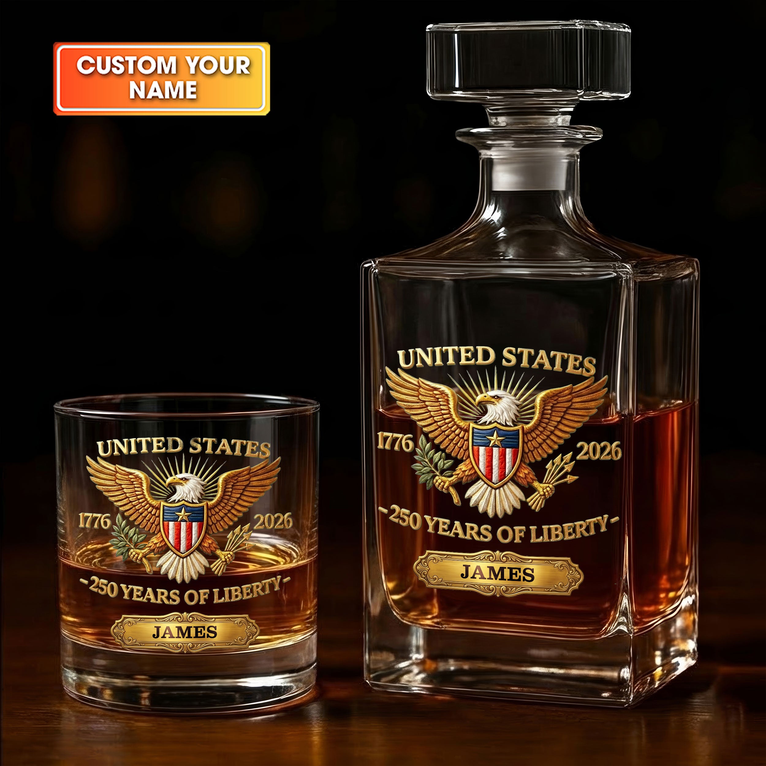 1776-2026 250 Years Of Liberty American Bald Eagle Whiskey Decanter Set, America Patriot Whiskey Glasses