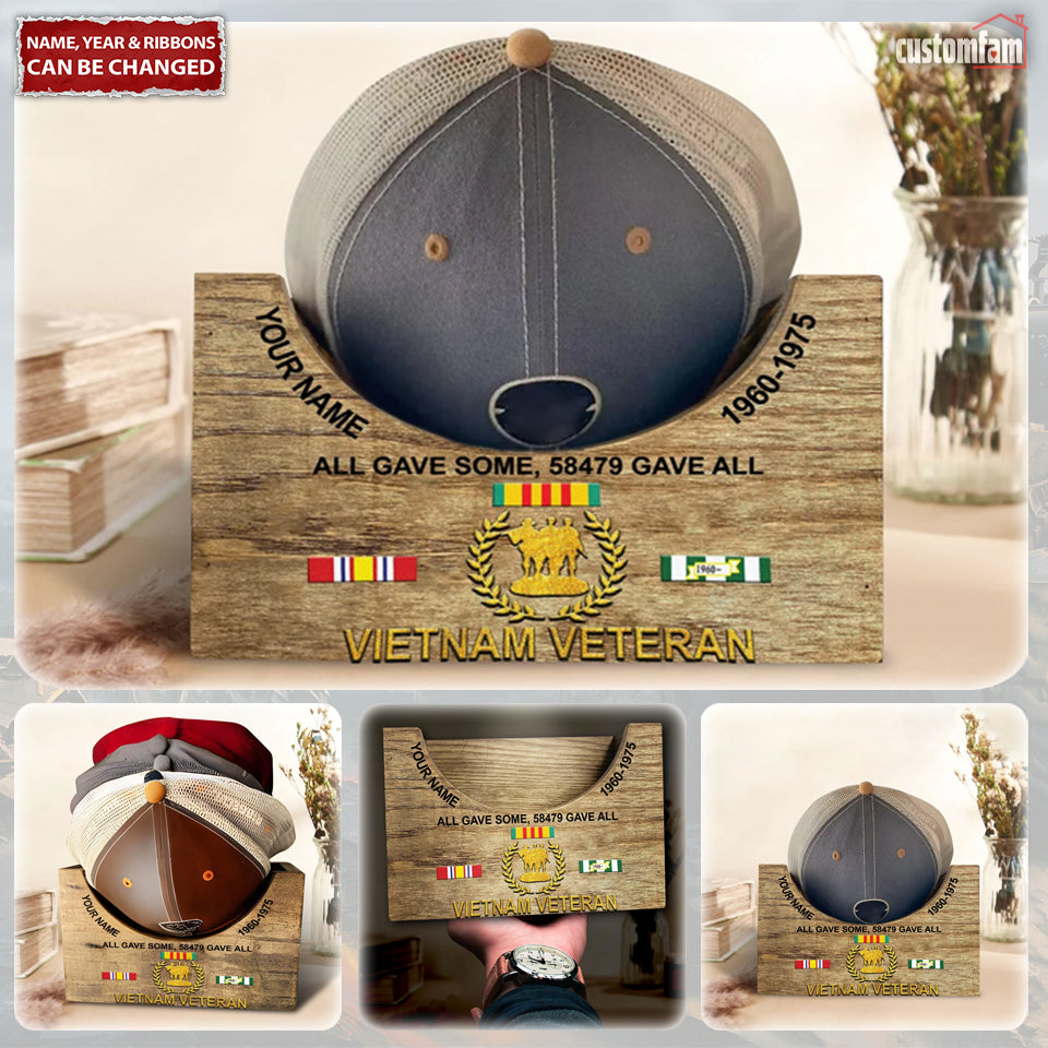 Personalized Vietnam Veteran Wooden Hat Holder, Proudly Served Military Cap Organizer