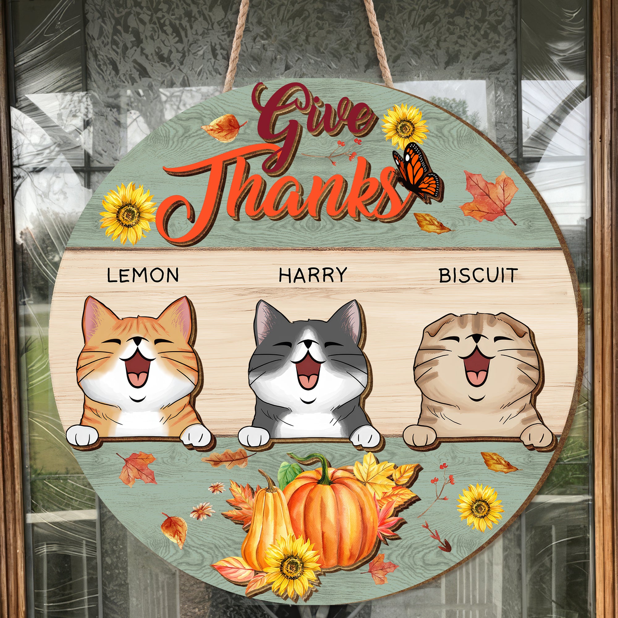 Give Thanks Personalized 2 Layered Christmas Wood Sign, Gifts For Cat Lovers