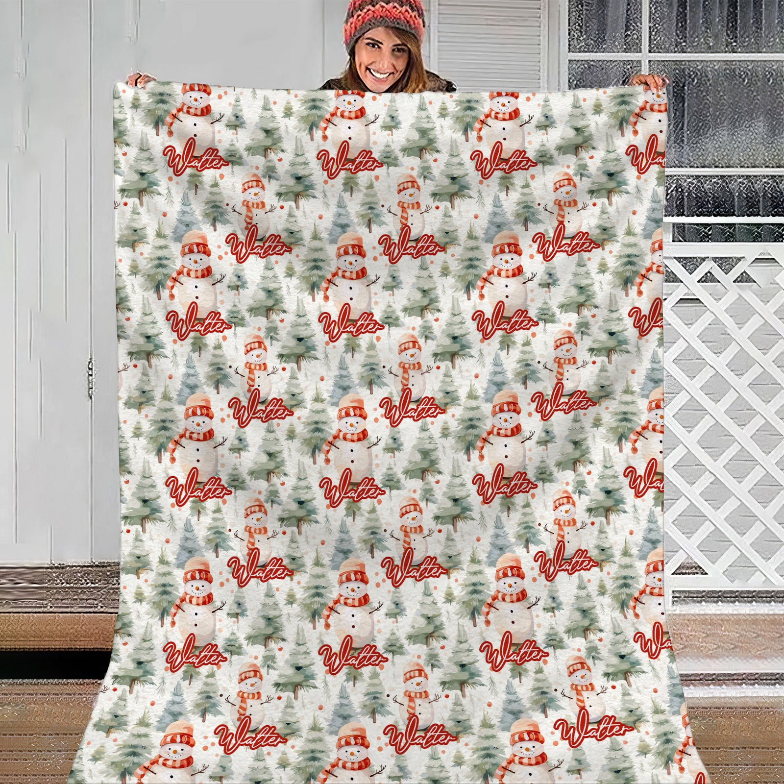 Cute Christmas Snowman Custom Name Christmas Fleece Blanket, Christmas Bedroom Decor