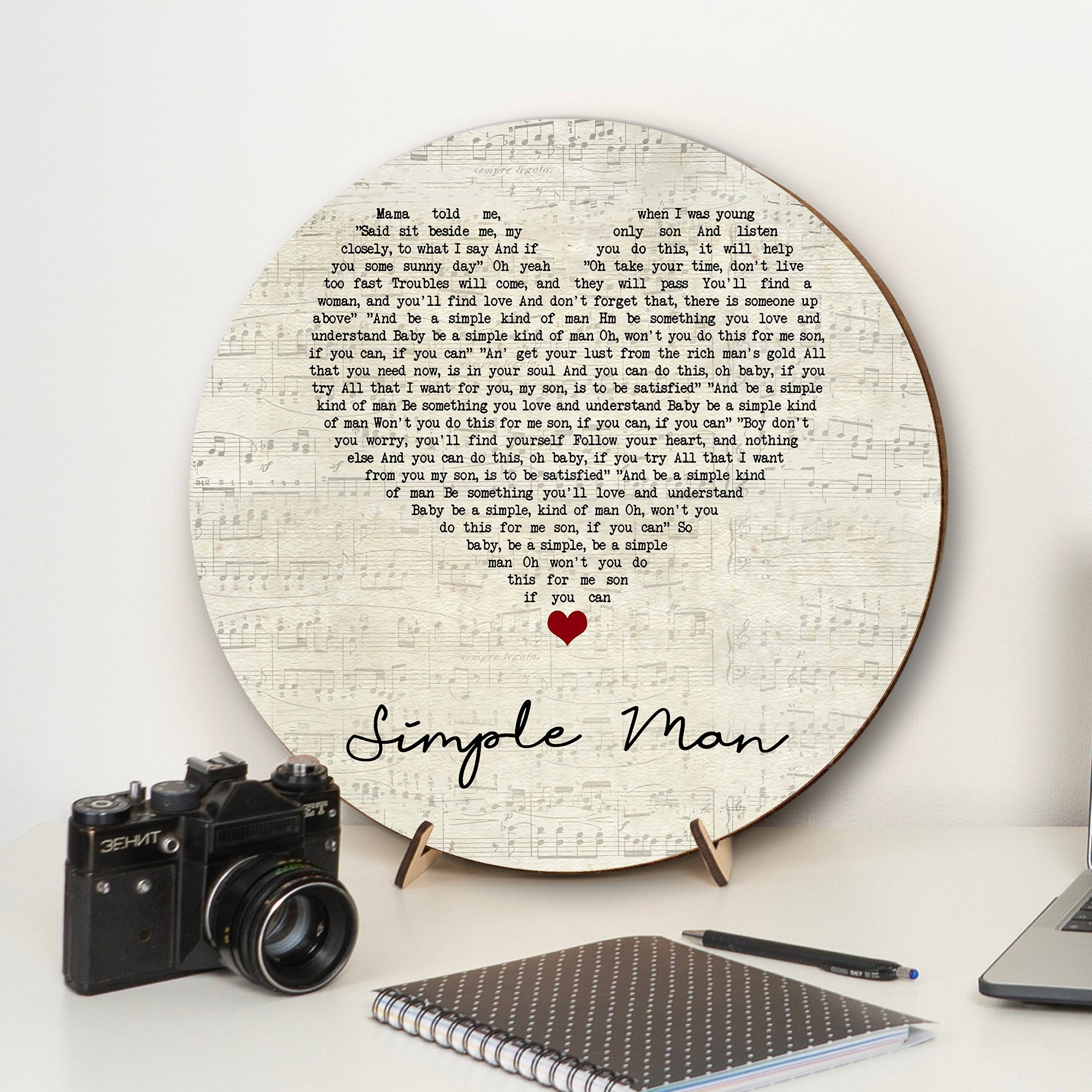 Simple Man Script Heart Song Lyric Art Print Round Wood Sign, Wood Signs For Home