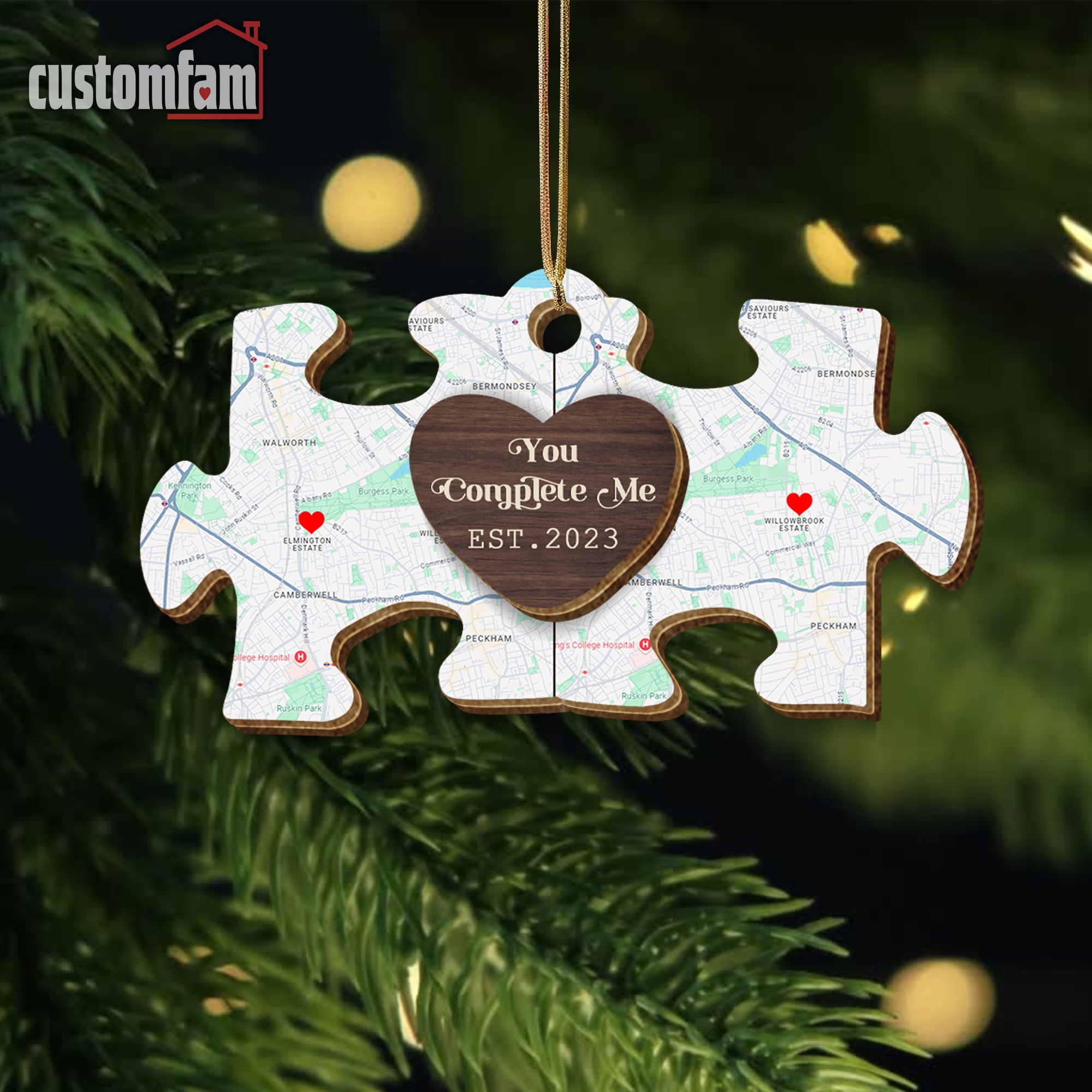 You Complete Me Custom Map 2 Layered Puzzle Ornament, Gift For Couples