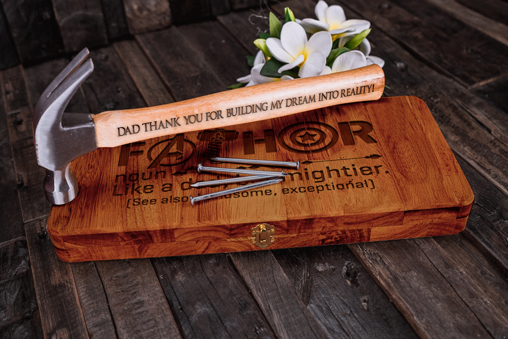 Fathor Like A Dad But Mightier Personalised Engraved Hammer Gift Set with Wooden Box and Nails, Gifts For Dad