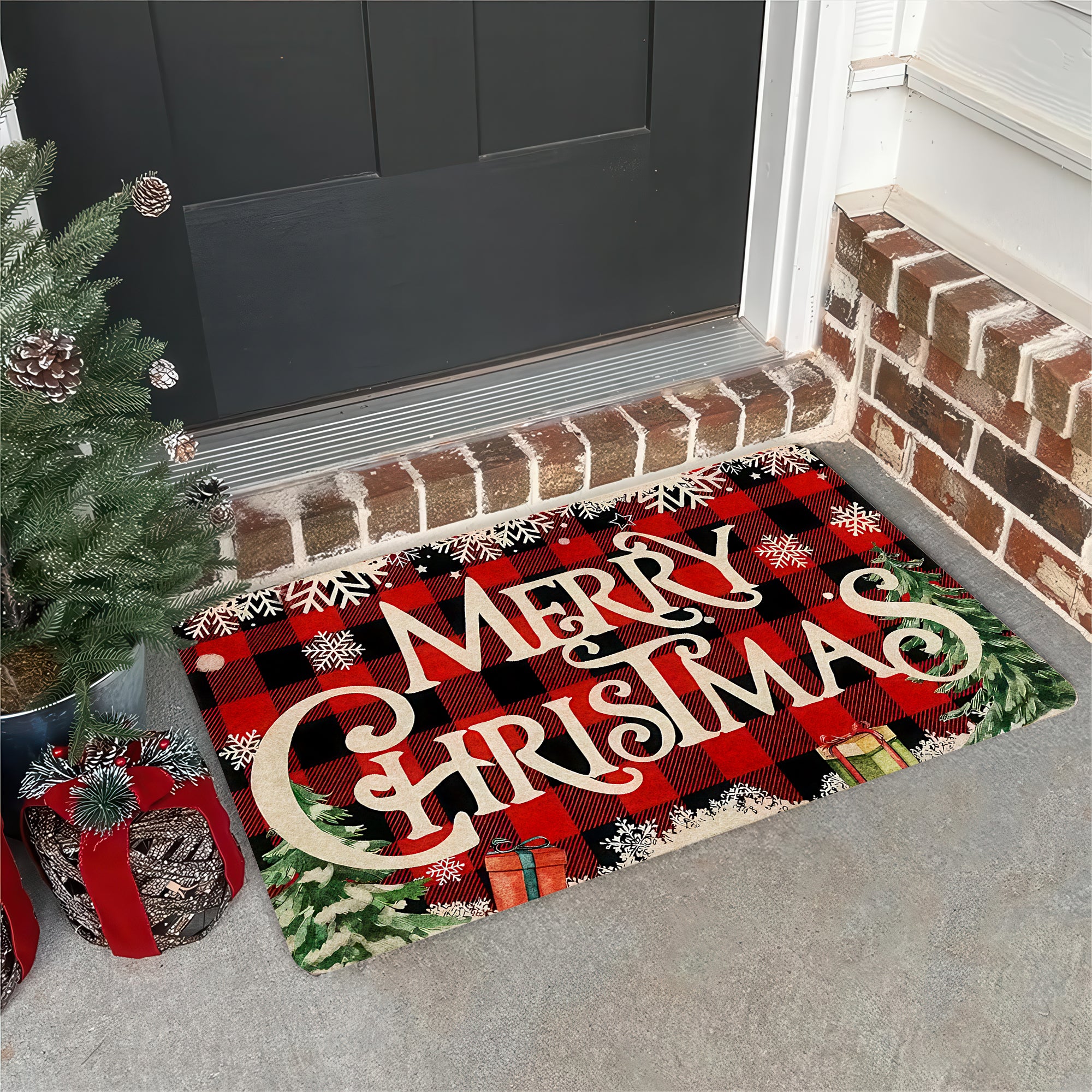 "Merry Christmas" Plaid Door Mat, Perfect Holiday Decor for Entryway & Porch