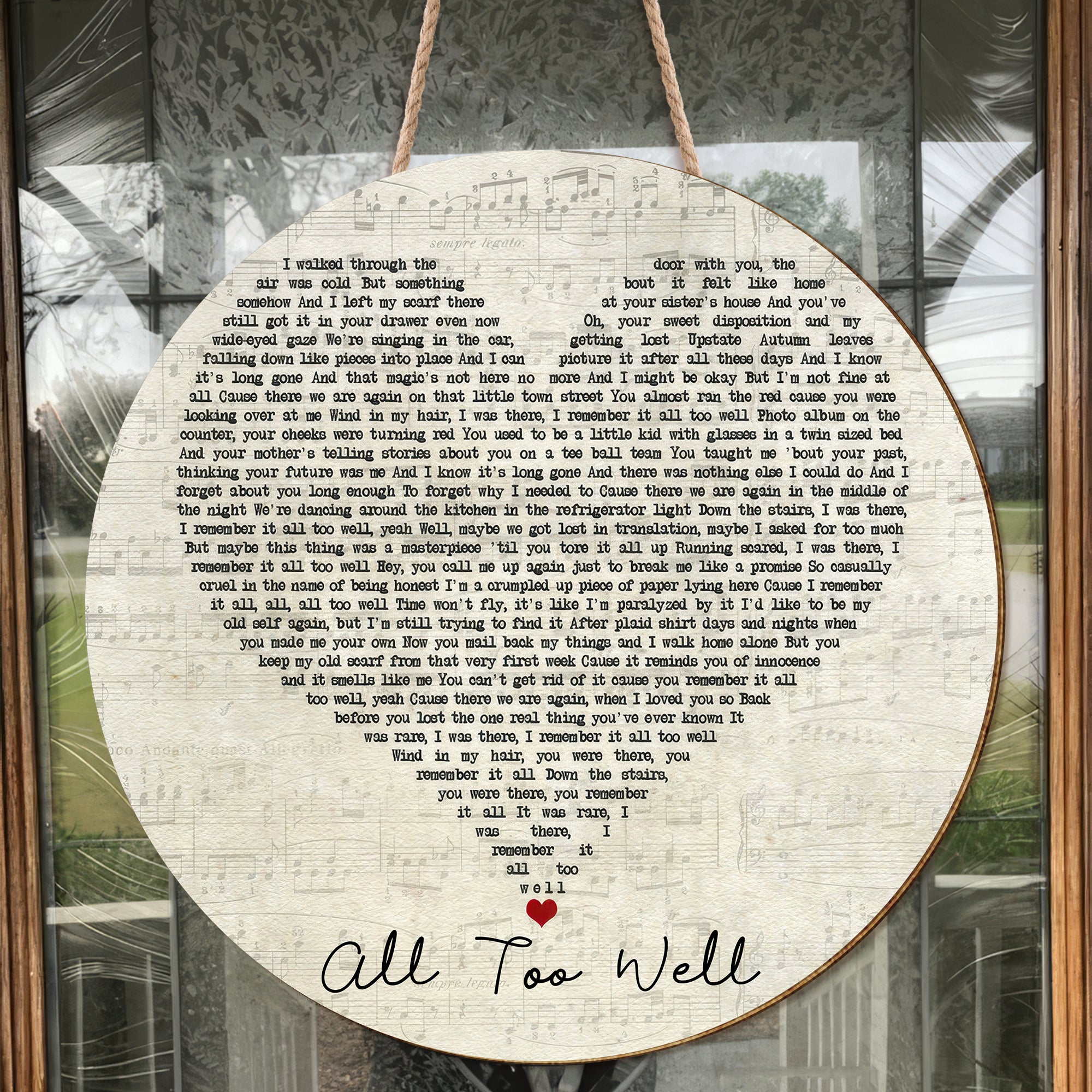 American singer-songwriter All Too Well Script Heart Song Lyric Quote Music Art Print Round Wood Sign, Wood Sign For Home