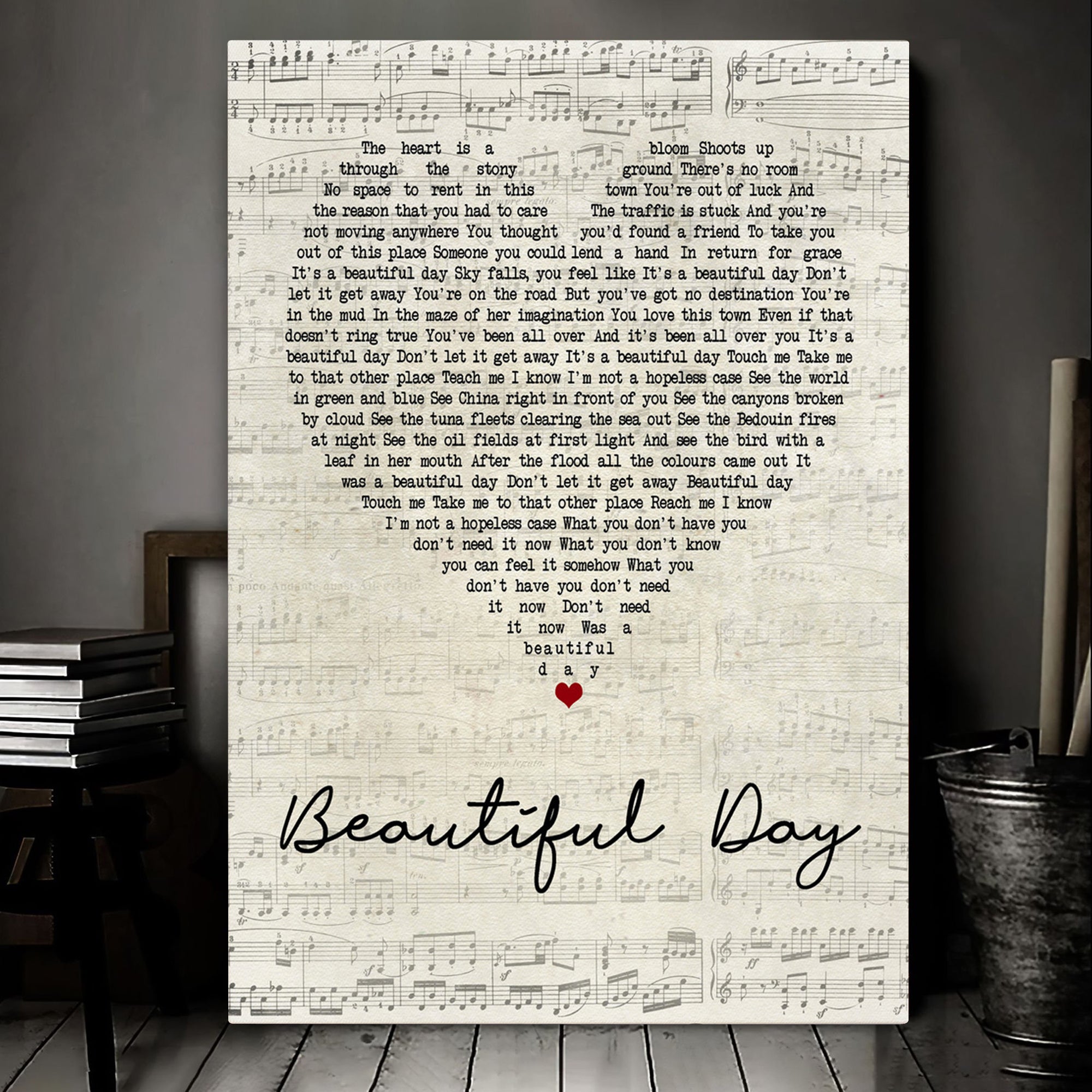 U2 Beautiful Day Script Heart Song Lyric Art Print Canvas Print Frames