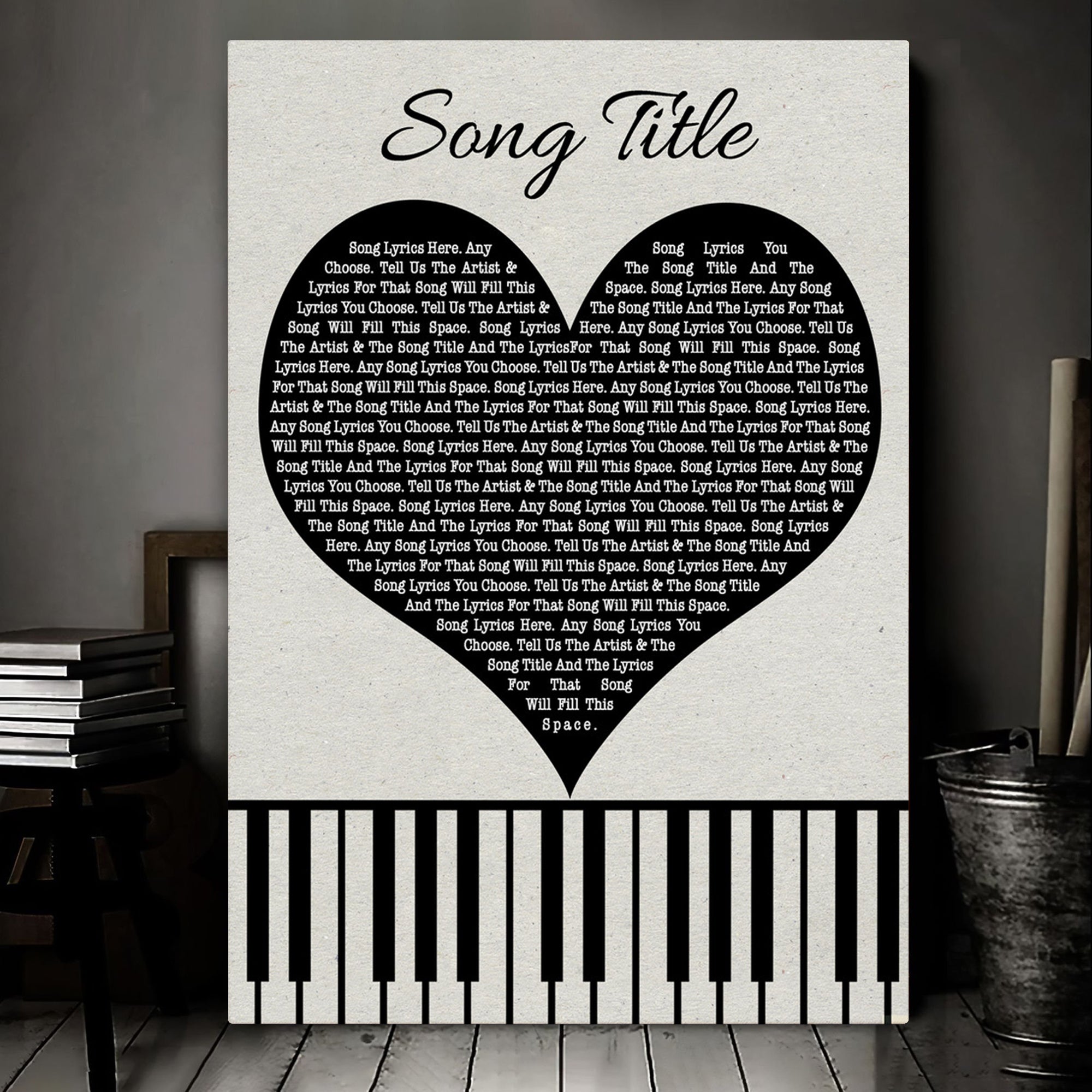 Black Heart & Piano Keys Custom Music Wall Art With Song Lyrics, Music Wall Decor, Wedding Gifts