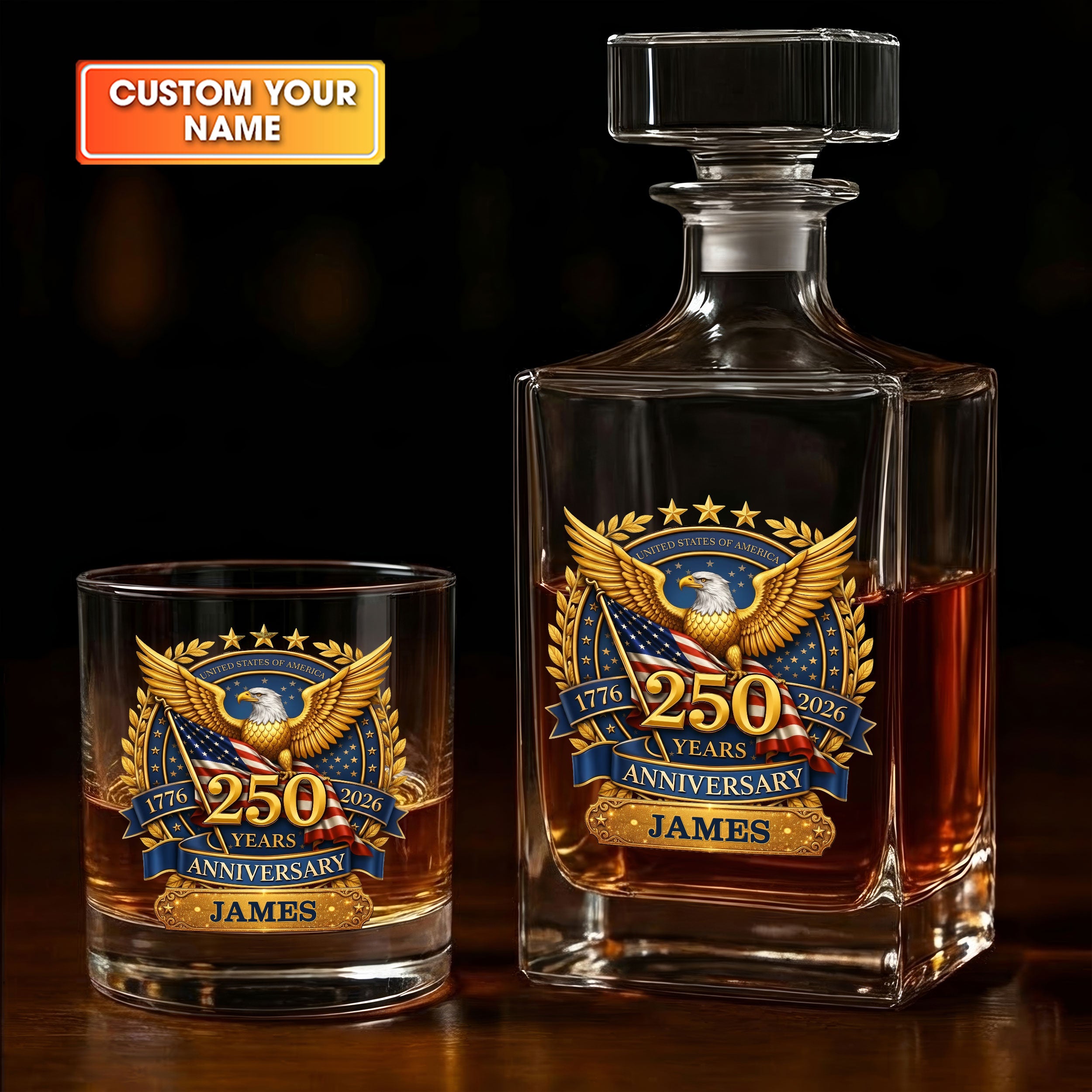 250th Anniversary Gold Bald Eagle 1776-2026 Whiskey Decanter Set, America Patriot Whiskey Glasses