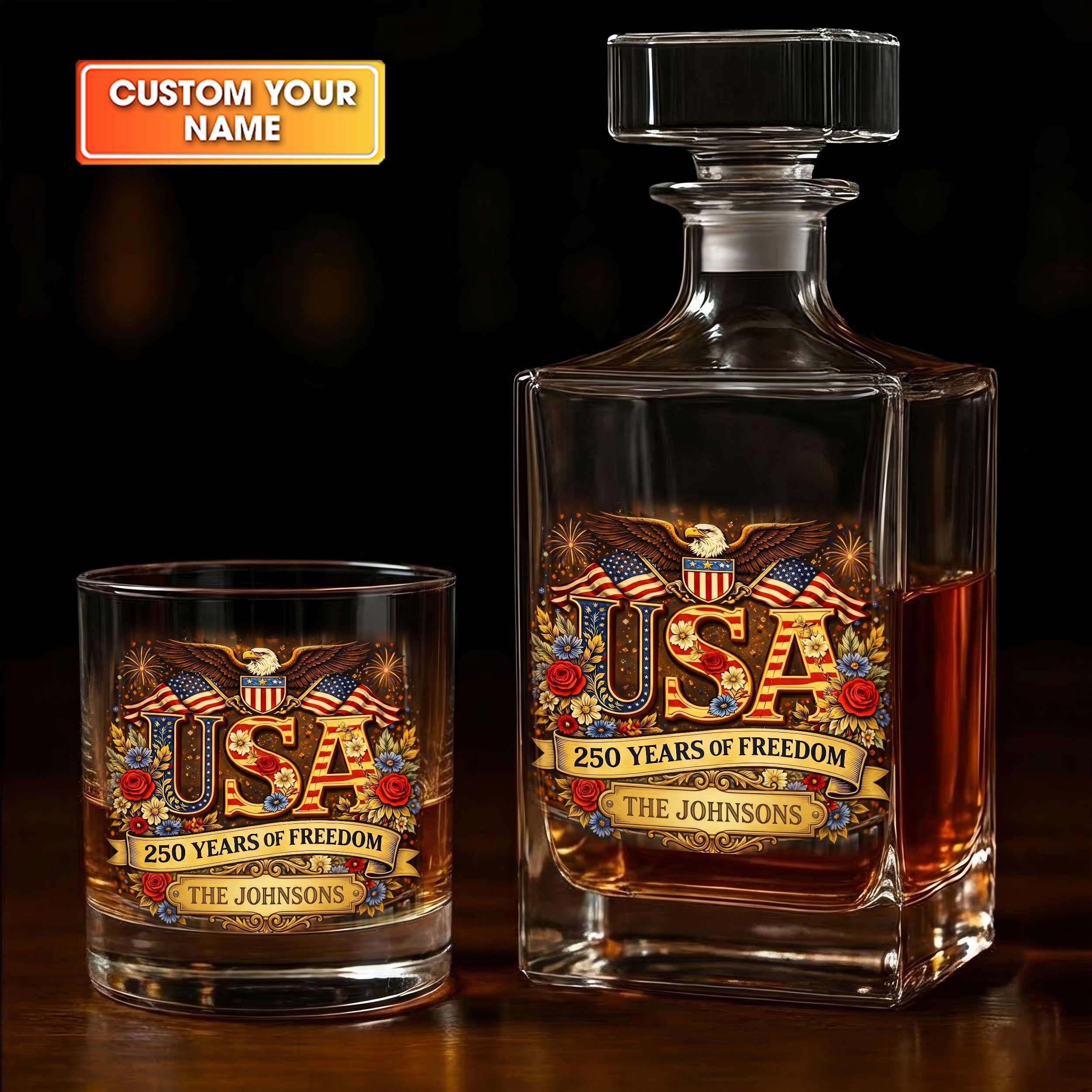 USA 250 Years Of Freedom American Eagle With Flag Whiskey Decanter Set, America Patriot Whiskey Glasses