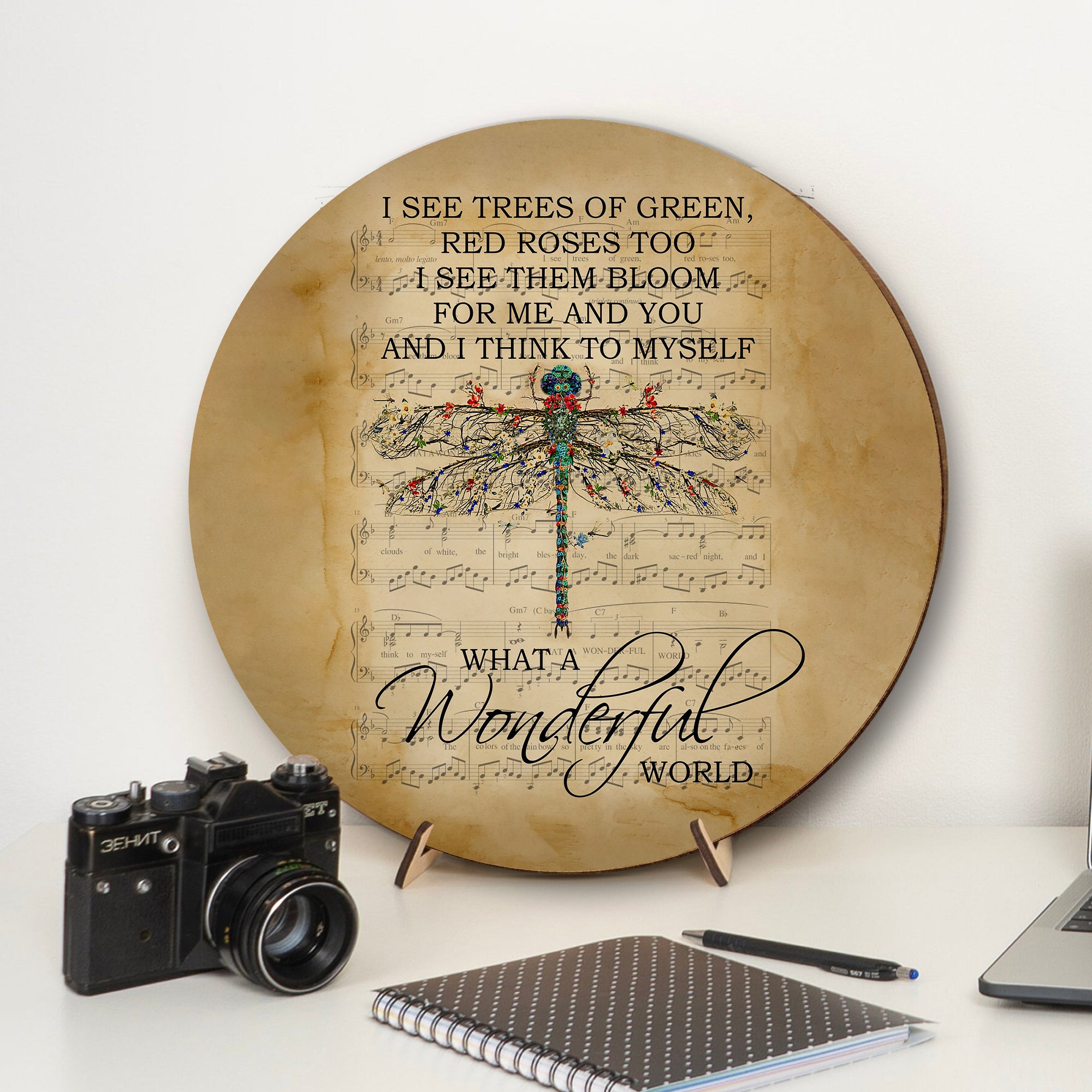 What A Wonderful World Lyrics Poster Music Art Print Round Wood Sign, Wood Sign For Home