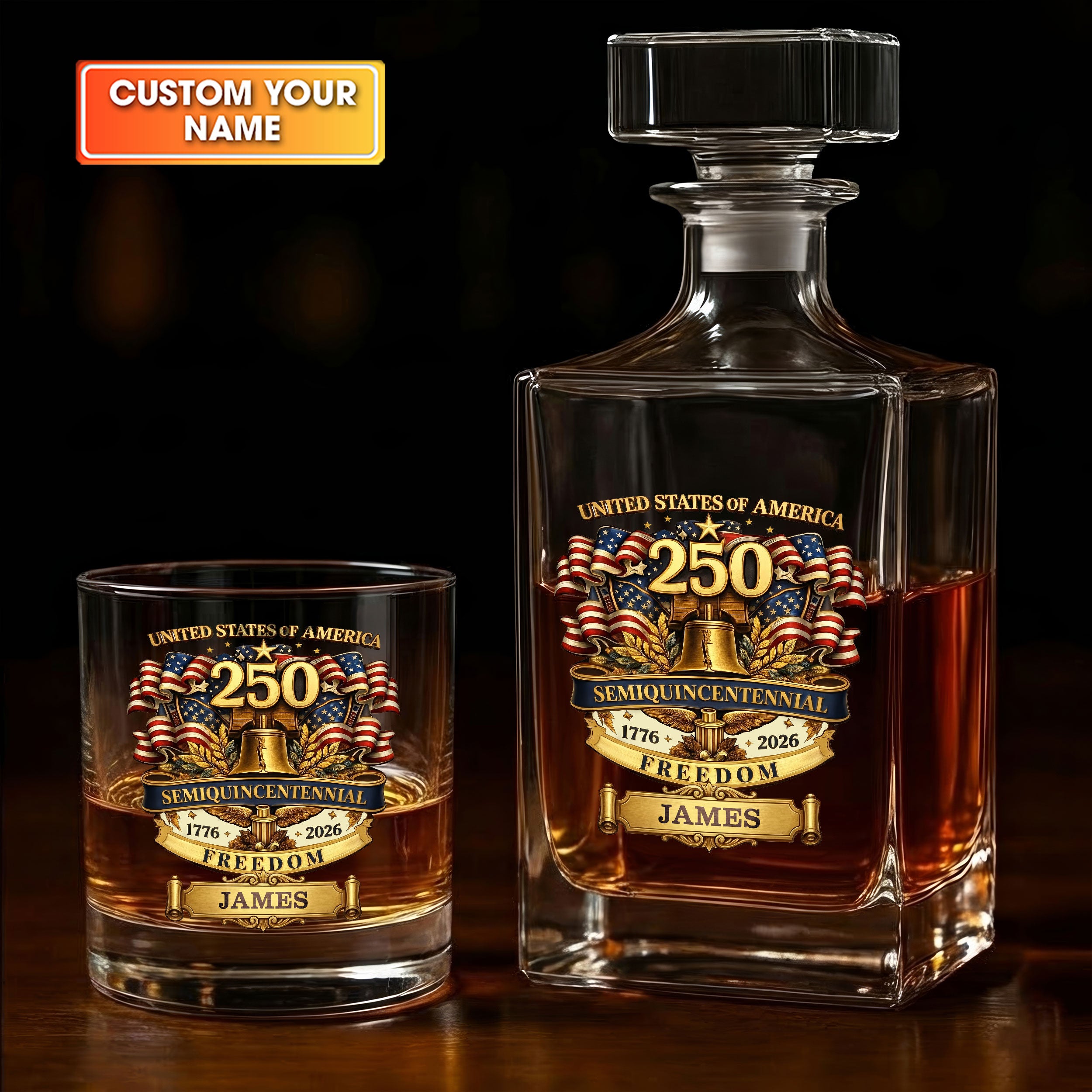 250th Anniversary Semiquincentennial 1776-2026 Whiskey Decanter Set, America Patriot Whiskey Glasses