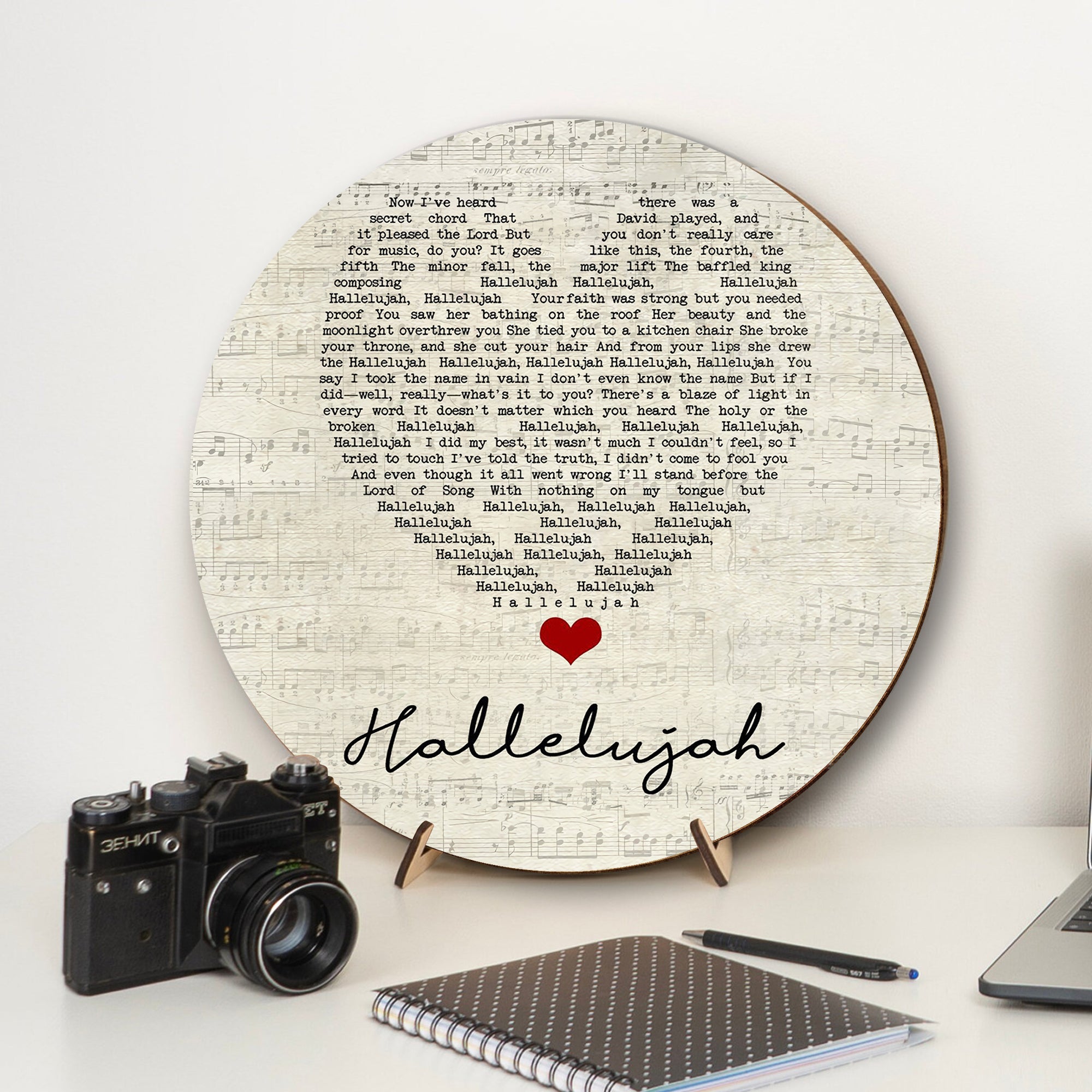 Hallelujah Leonard Cohen Script Heart Song Lyric Art Print Round Wood Sign, Wood Signs For Home