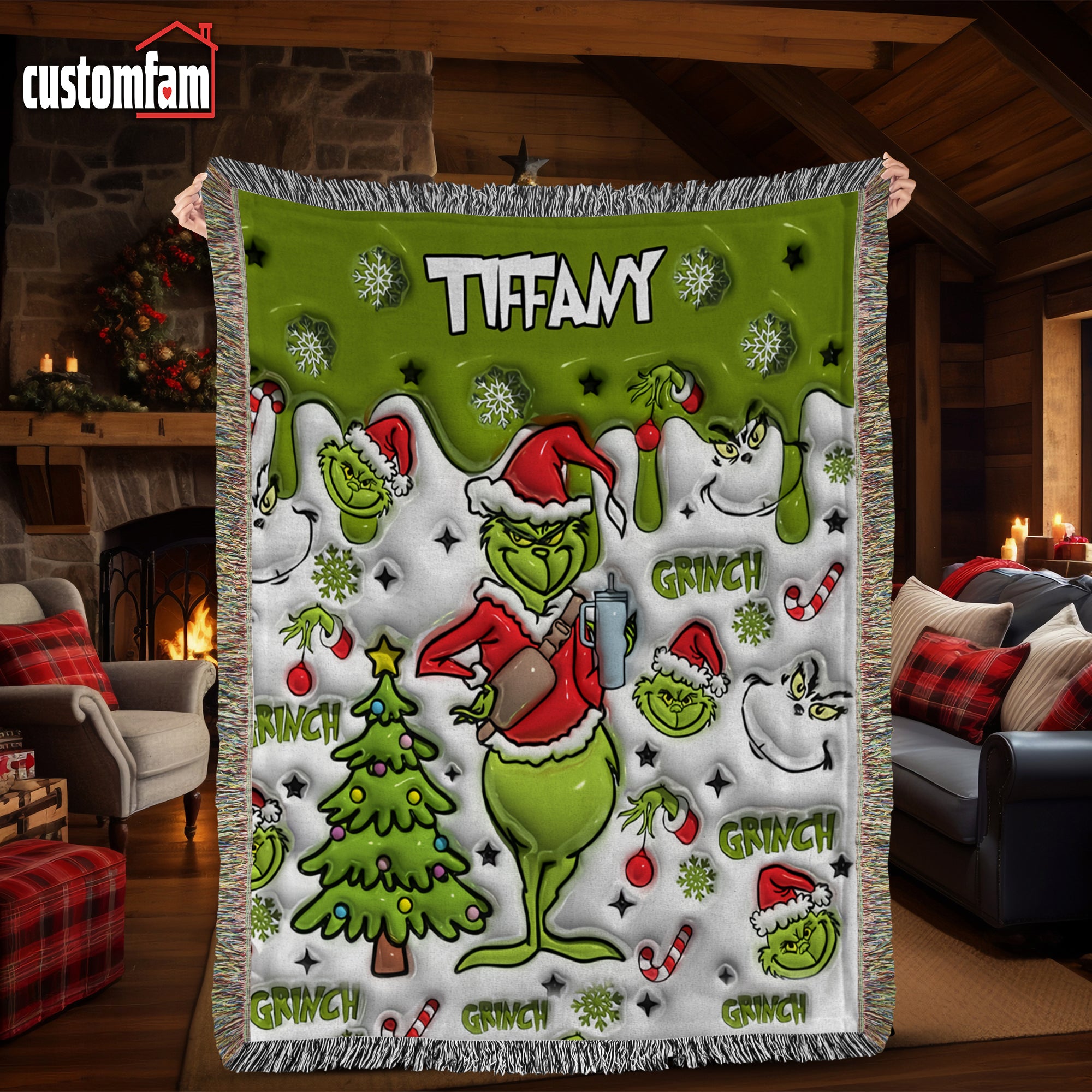 Personalized 3D Grinch Christmas Woven Blanket, Christmas Gifts