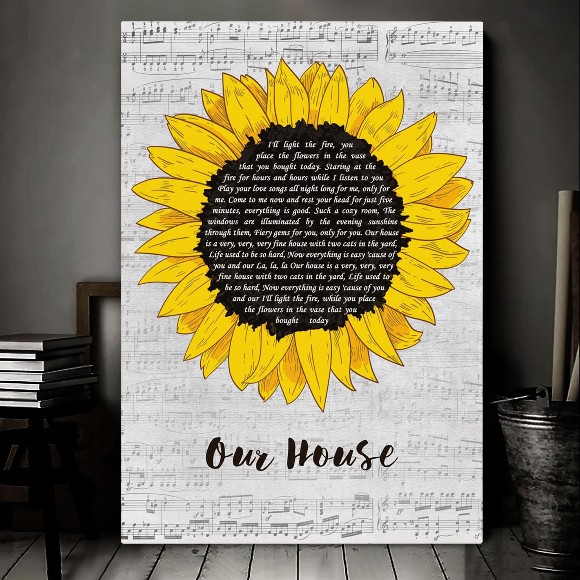 Crosby, Stills, Nash & Young Our House Grey Script Sunflower Song Lyric Art Print Canvas Print Frames