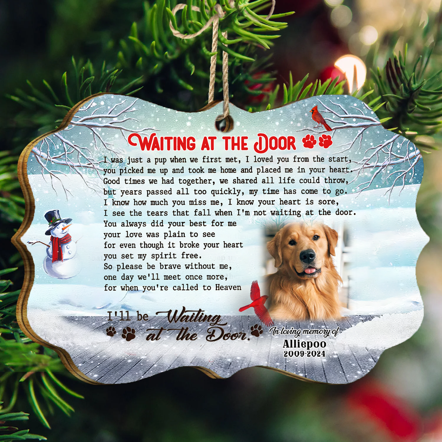 Waiting At The Door Custom Photo Memorial Christmas Wood Ornament, Gifts For Loss Of Dog