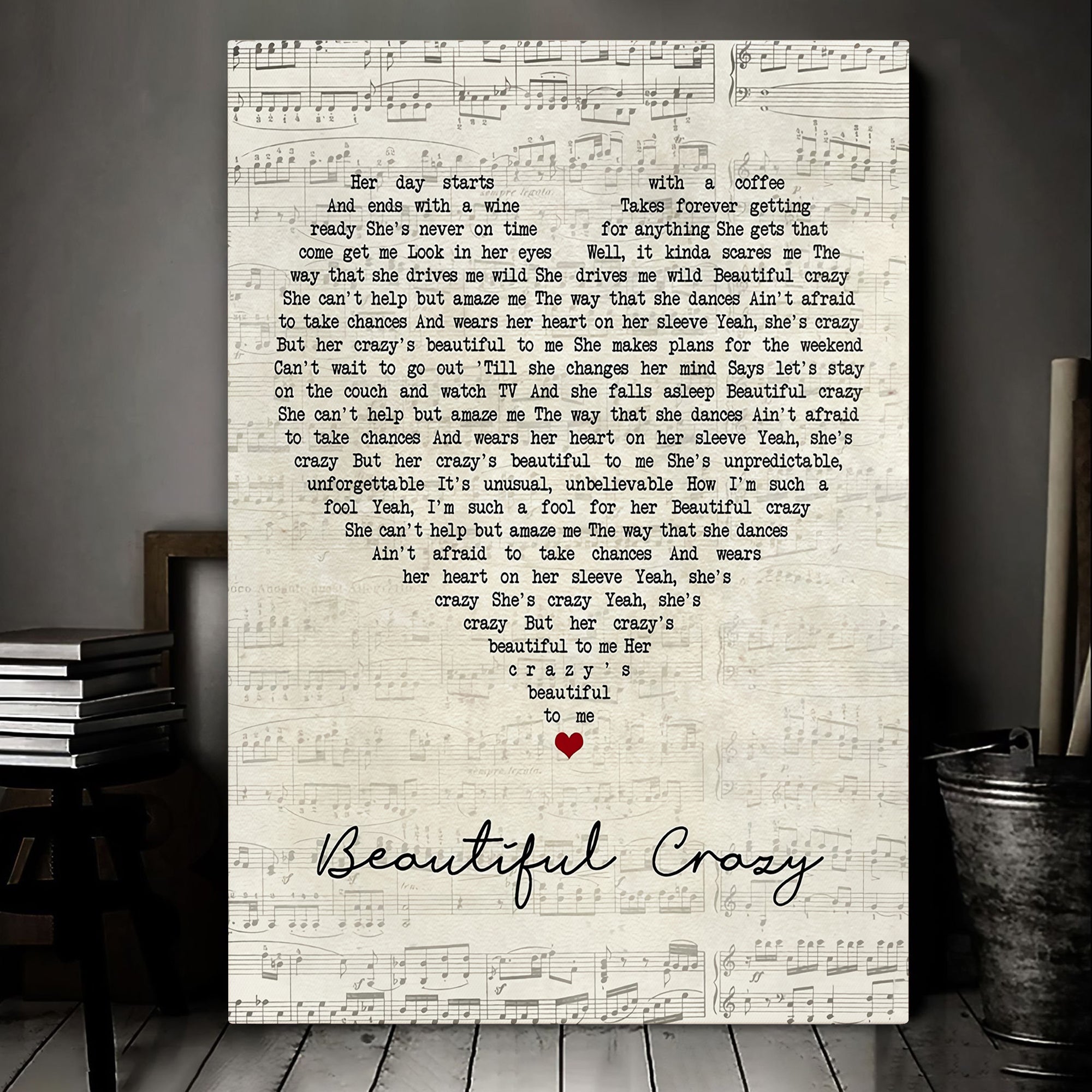 Luke Combs Beautiful Crazy Script Heart Song Lyric Art Print Canvas Print Frames